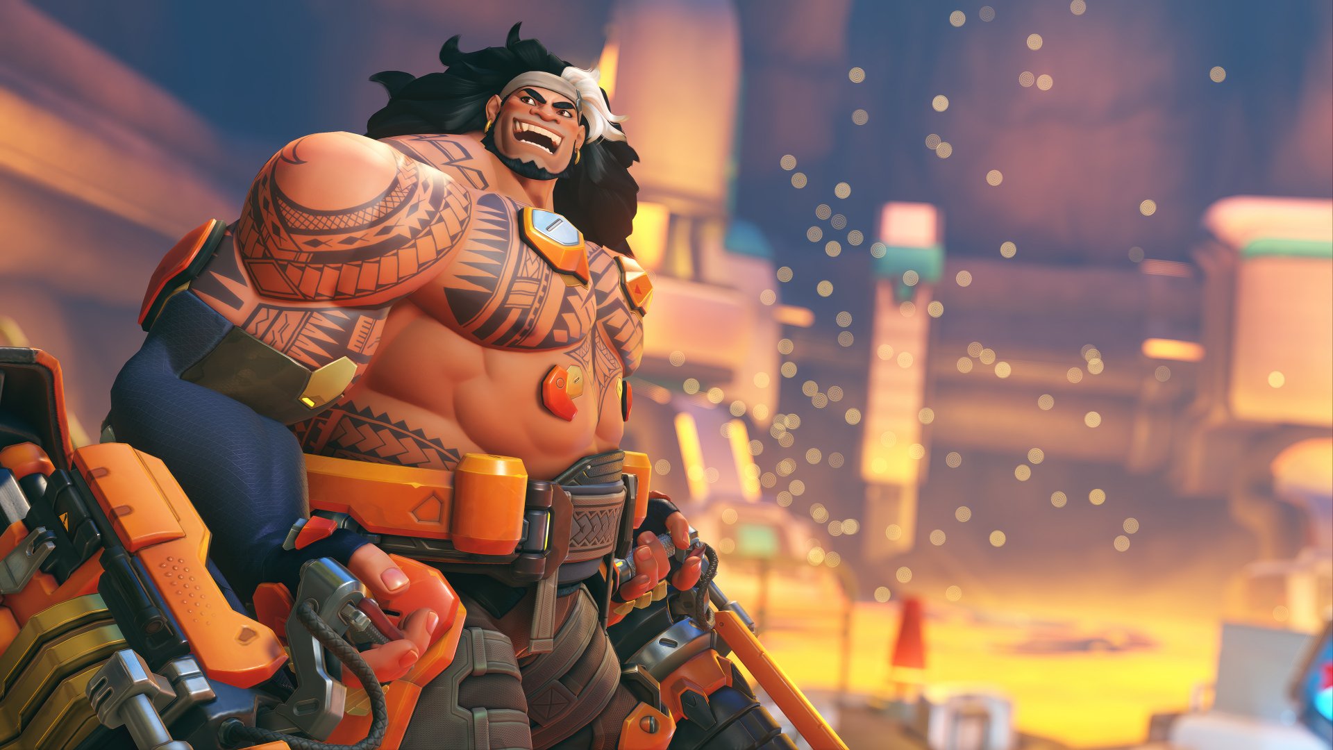 Overwatch 2 character Mauga in an HD desktop wallpaper with a dynamic pose and a vibrant background.
