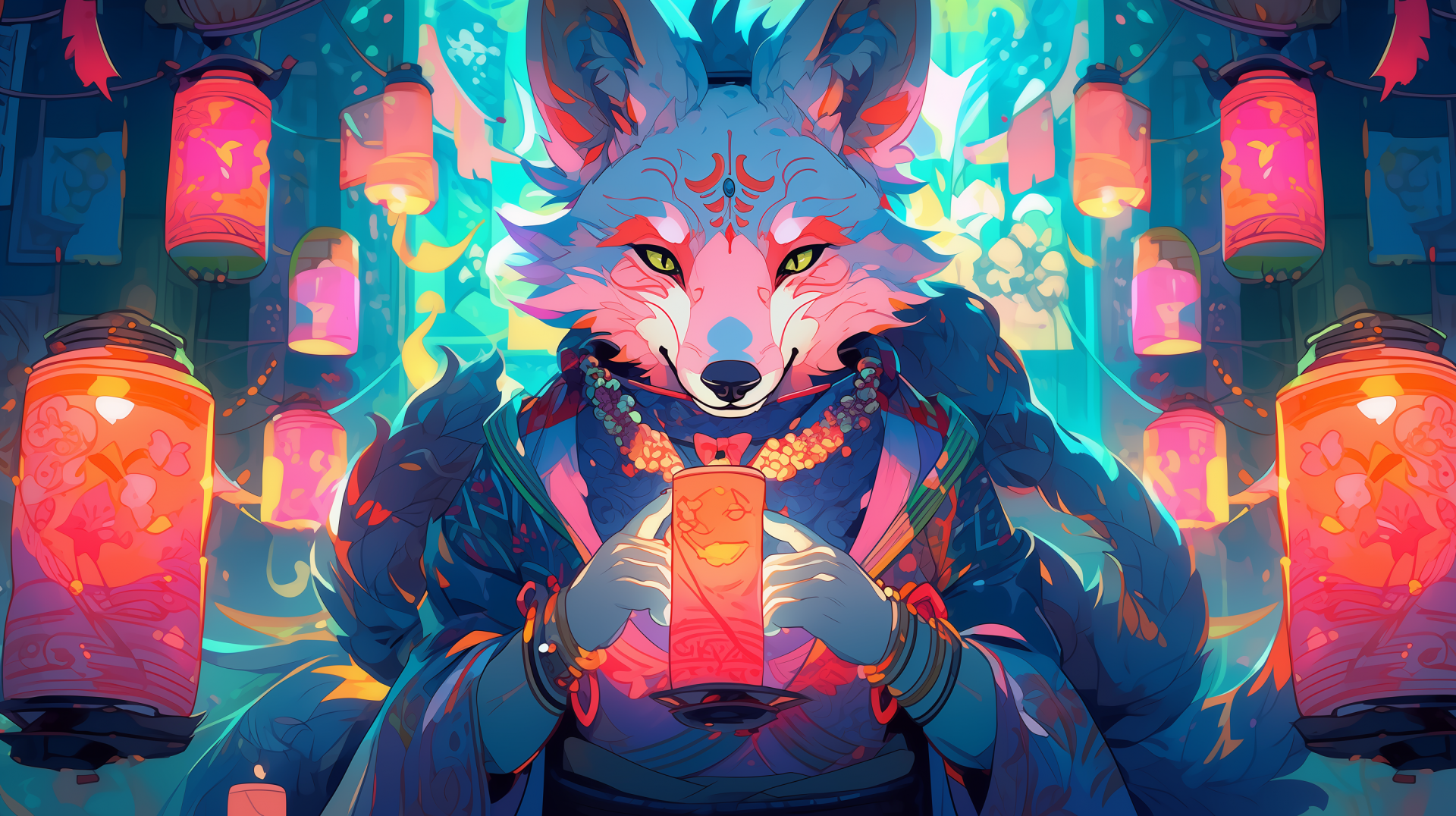 A vibrant HD PC desktop wallpaper featuring an AI art depiction of a mystical fox goddess surrounded by glowing lanterns and ethereal flora.