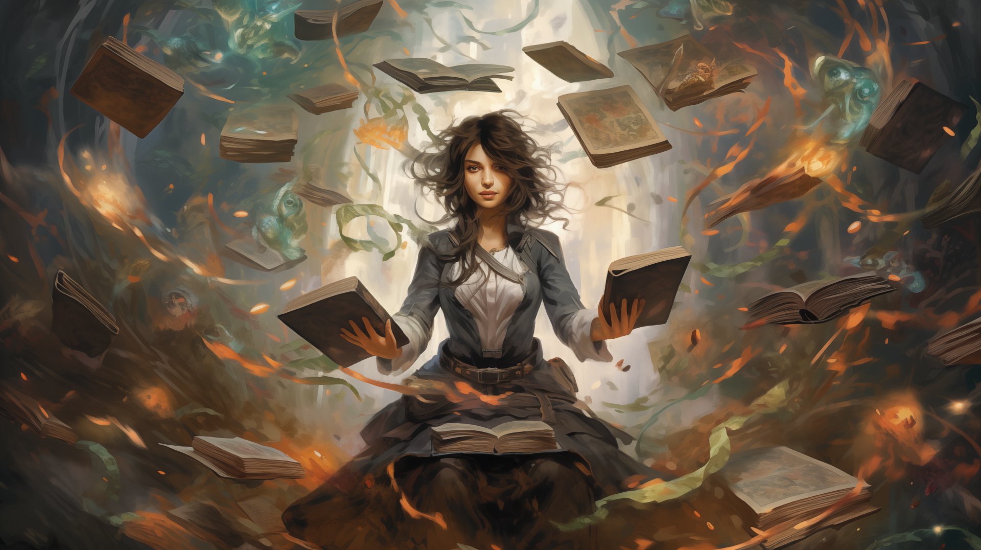 HD Magic: The Gathering desktop wallpaper featuring a mystical sorceress surrounded by floating spell books and magical energy.