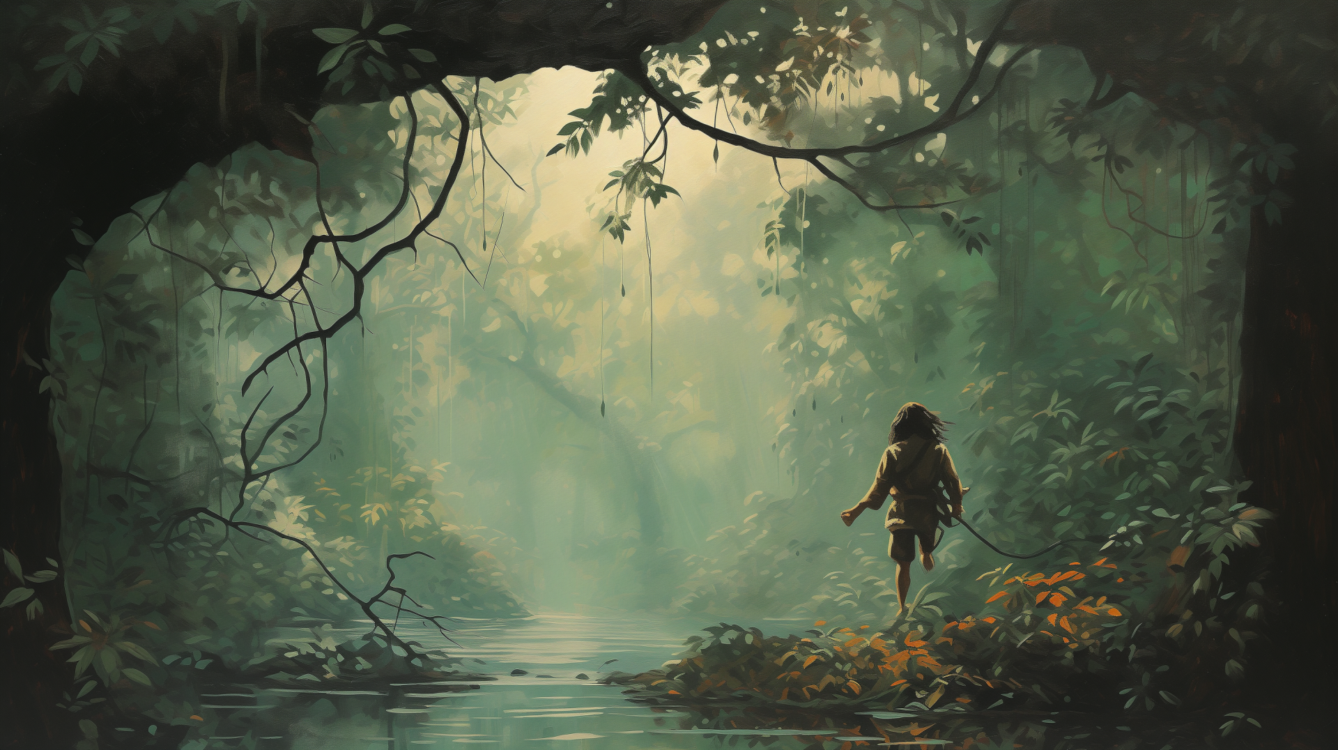 A young adventurer walks through a mystical forest, surrounded by lush greenery and soft light reflecting off a tranquil river, capturing the essence of a fantasy adventure.