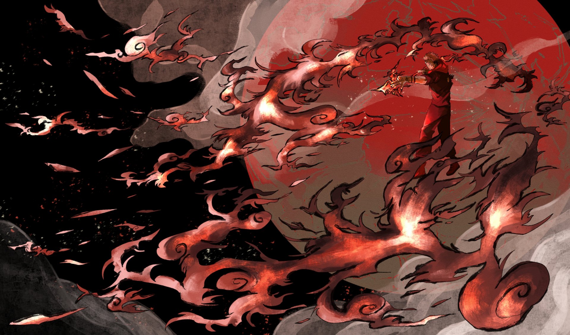 HD desktop wallpaper featuring Sukuna from the anime Jujutsu Kaisen, showcasing intense fiery and dark elements, creating a dynamic and captivating background.