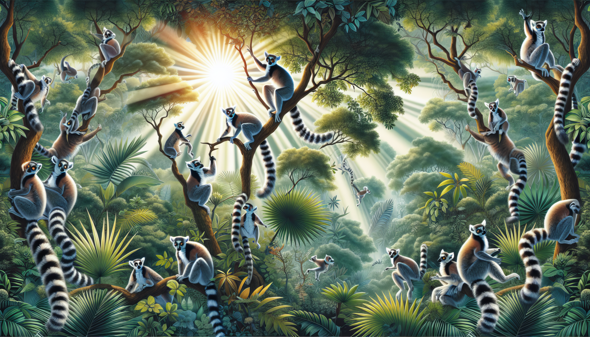 HD desktop wallpaper featuring a vibrant illustration of lemurs in a lush tropical forest with a radiant sunrise in the background.