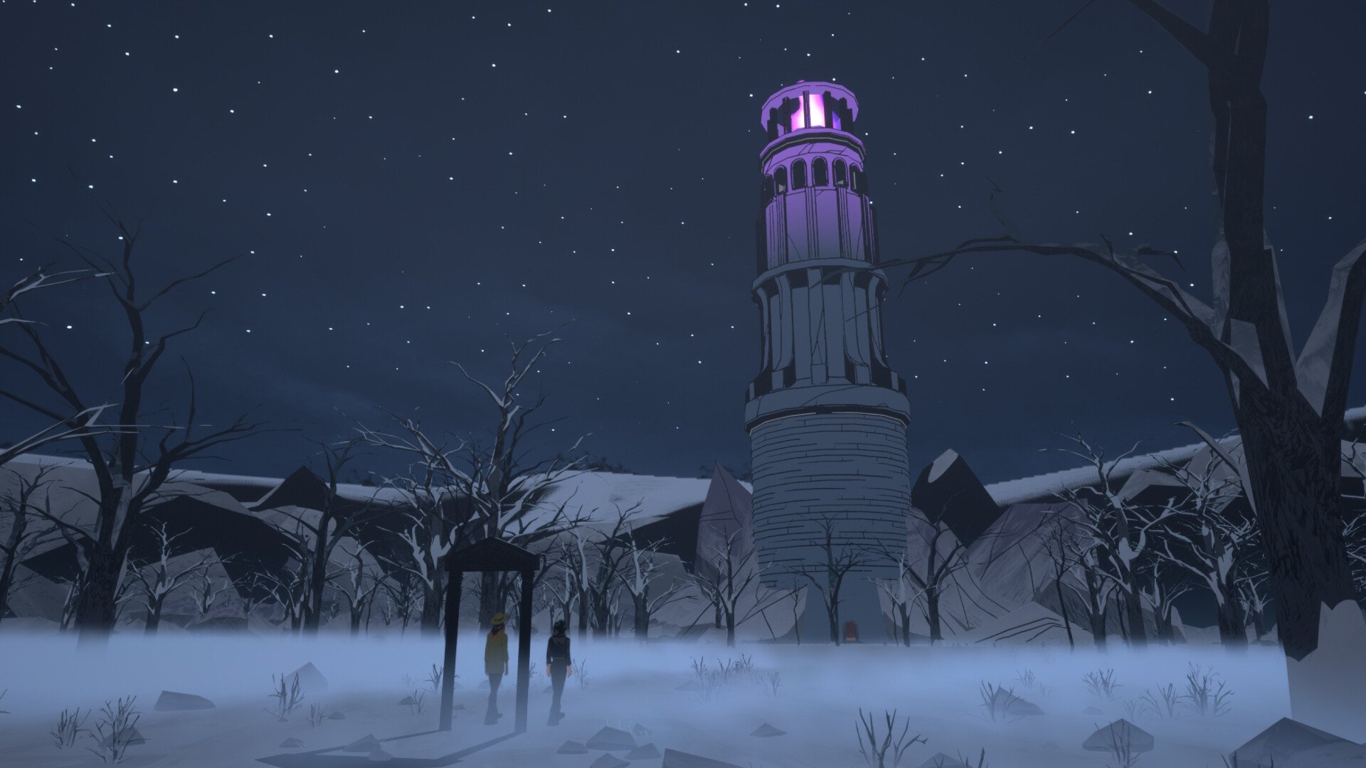 HD desktop wallpaper featuring an atmospheric scene from Stray Gods: The Roleplaying Musical with a glowing tower at night amidst a snowy landscape and a starry sky.