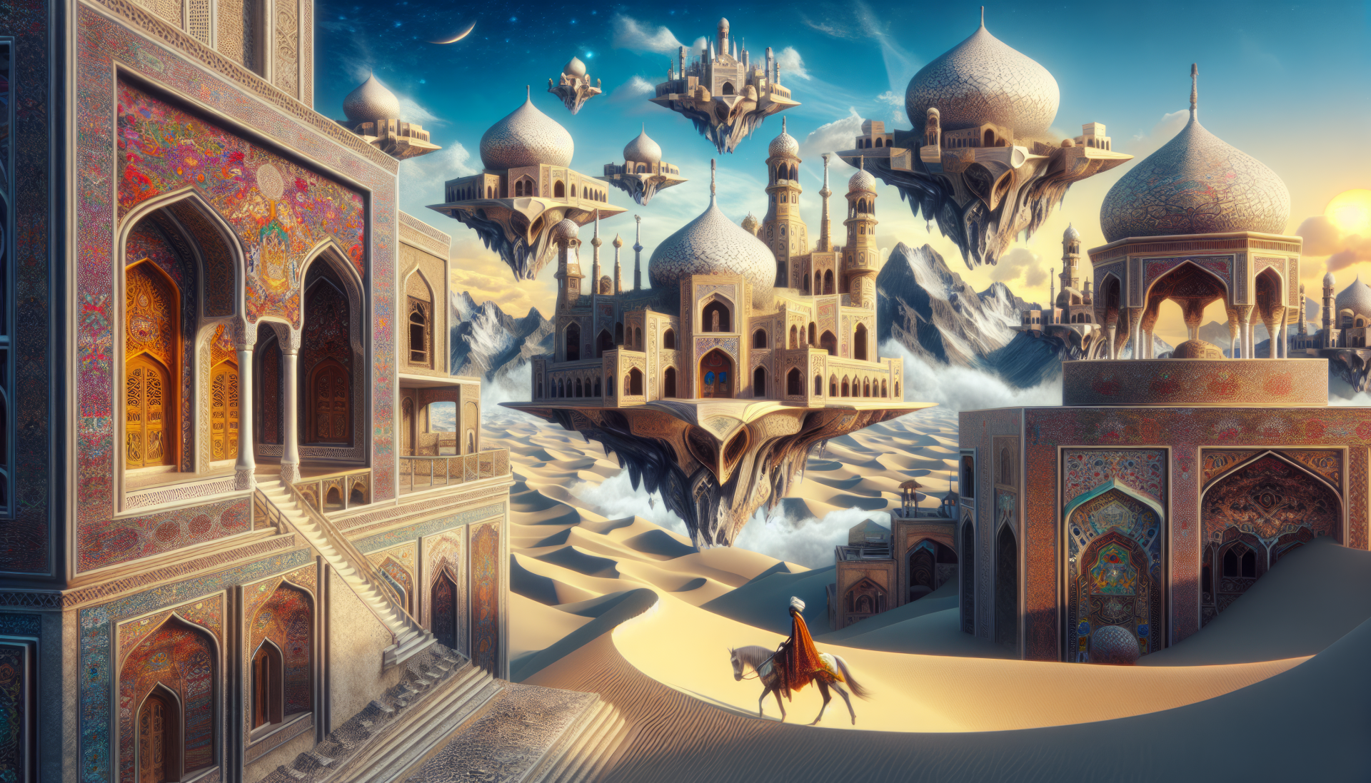 HD Prince of Persia-themed desktop wallpaper featuring a mystical desert cityscape with floating palaces and a lone rider on horseback.