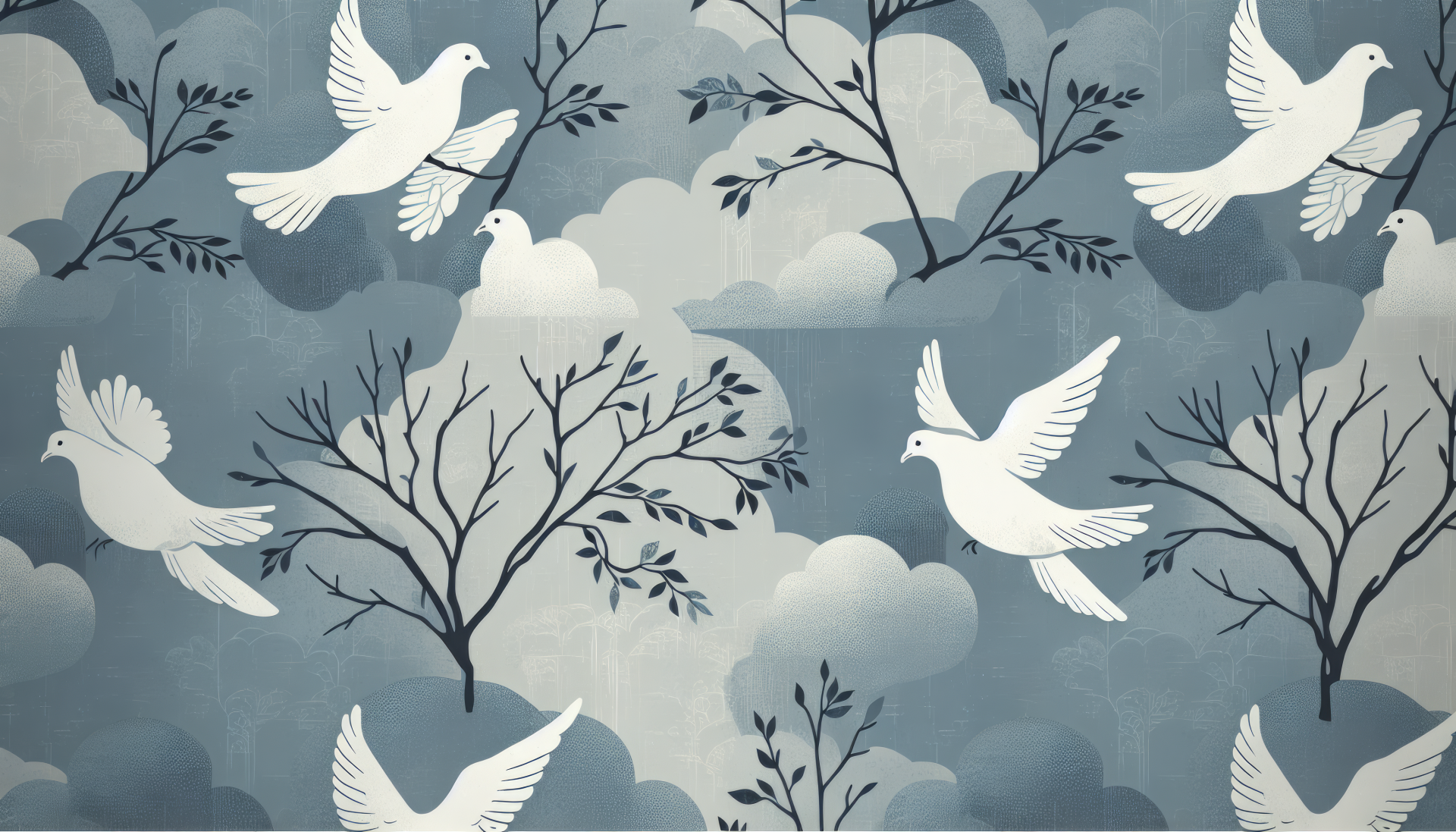 HD wallpaper featuring a peaceful pattern of white doves in flight among stylized trees and clouds on a blue background.
