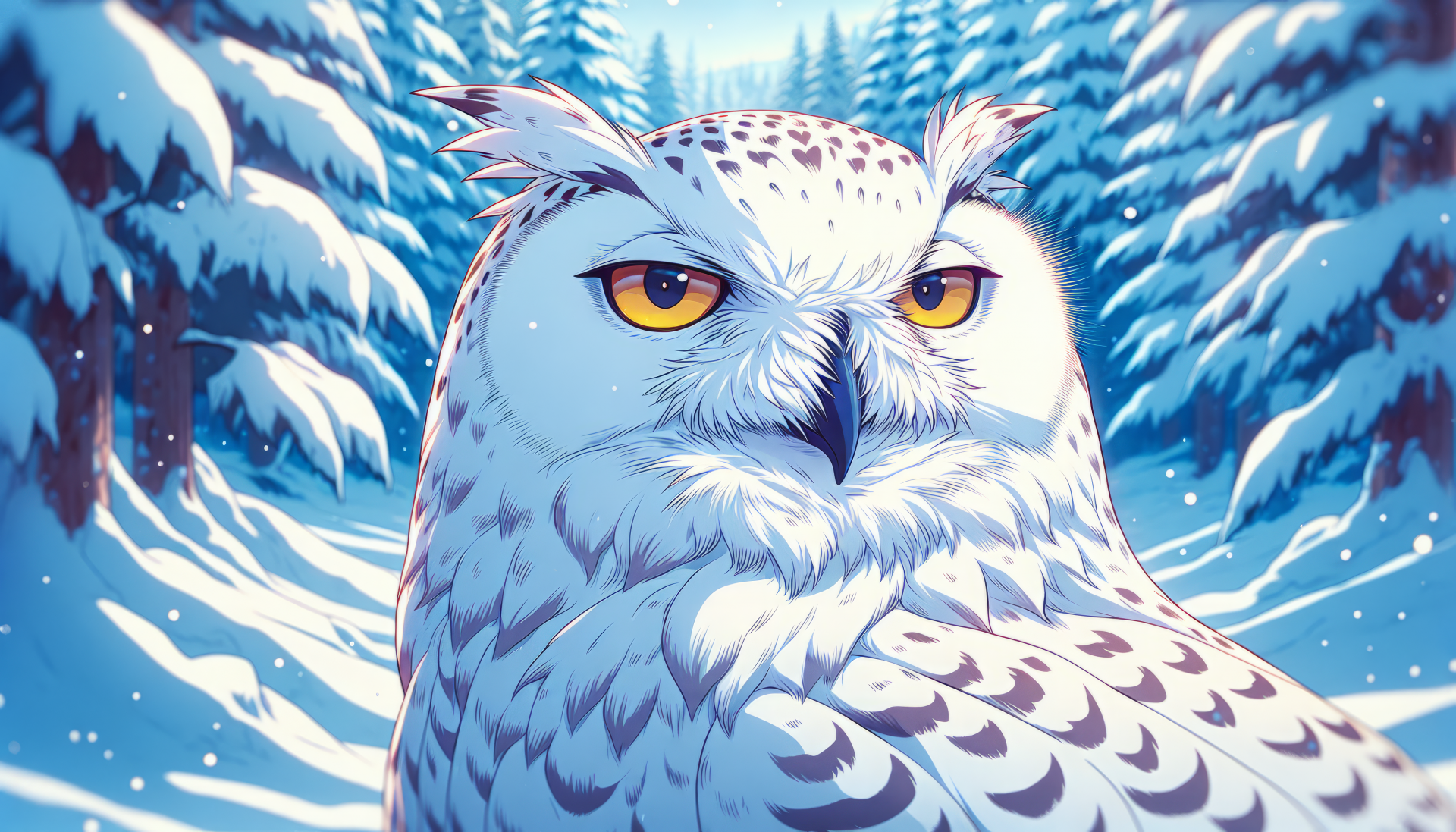 A beautifully illustrated snowy owl stands prominently against a backdrop of snowy trees, designed as an HD desktop wallpaper and background.