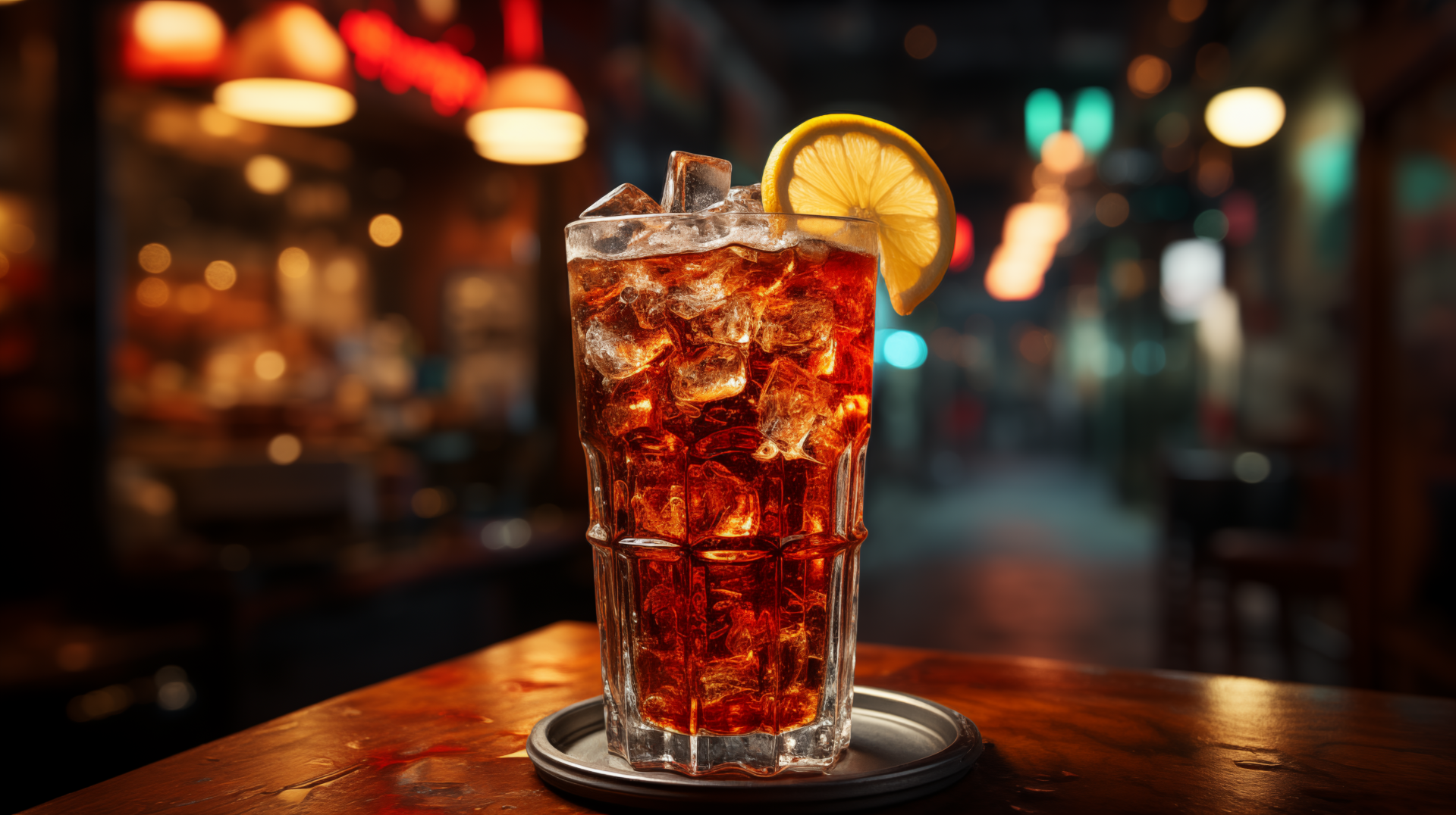 HD wallpaper of a refreshing glass of Coca-Cola with ice and lemon slice, set against a blurred bar background.