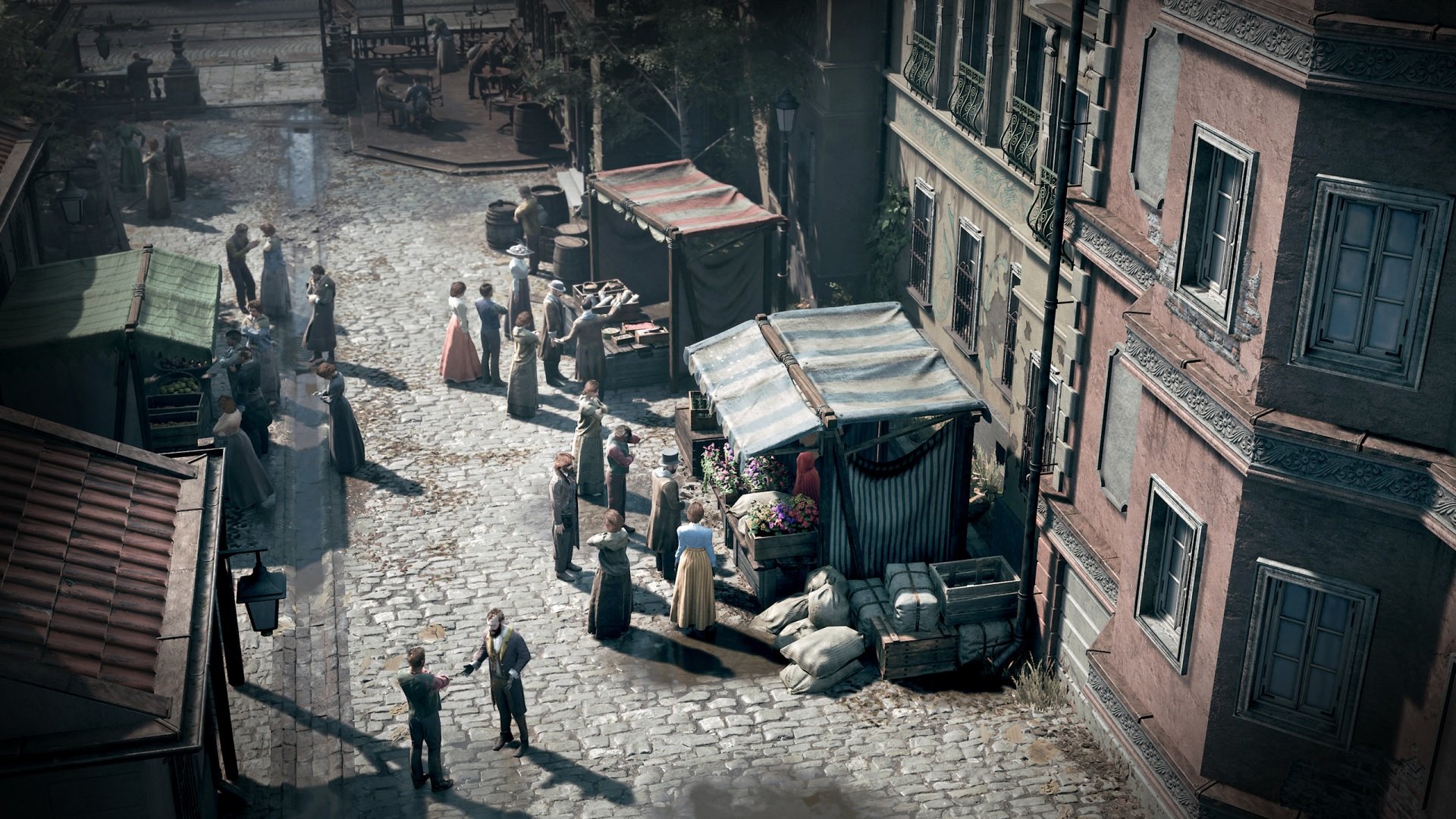 High-definition desktop wallpaper of The Thaumaturge featuring a bustling street scene with people and market stalls, capturing the ambiance of a historical urban setting.