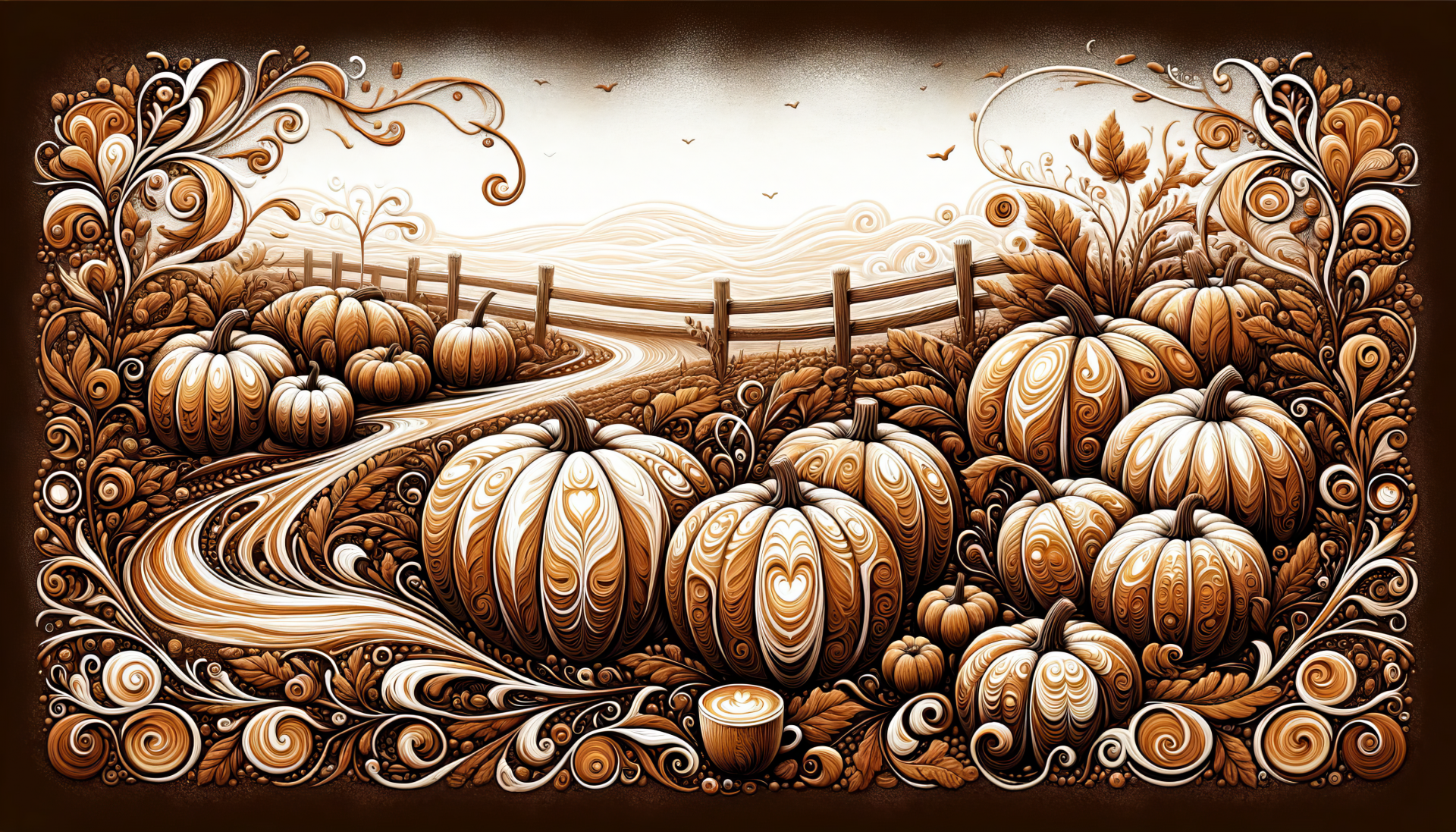 HD desktop wallpaper featuring a stylized pumpkin patch with intricate designs and a whimsical autumn landscape.