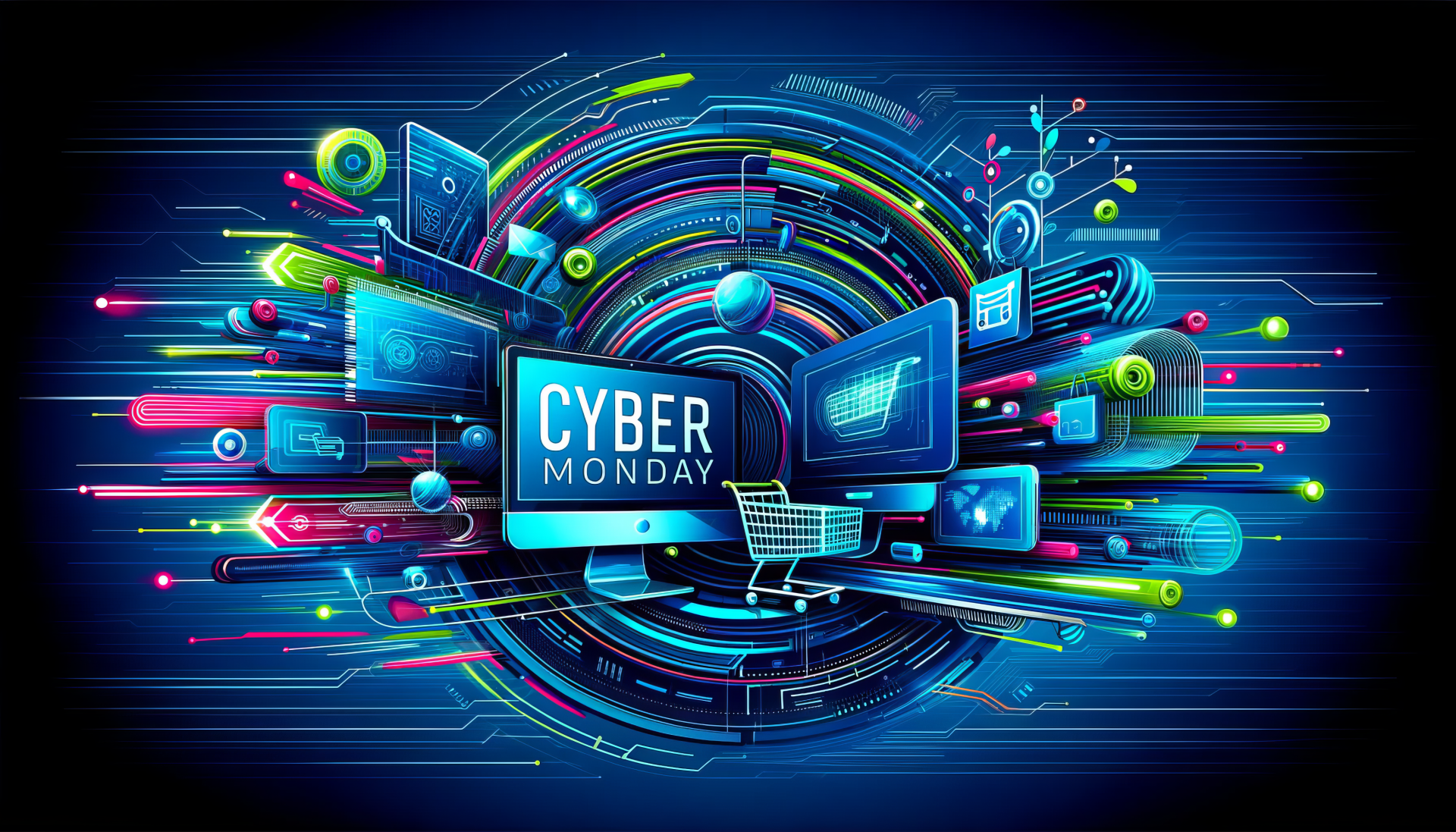 Cyber Monday themed HD desktop wallpaper featuring a dynamic digital design with technology and shopping elements swirling around the words 'Cyber Monday'.