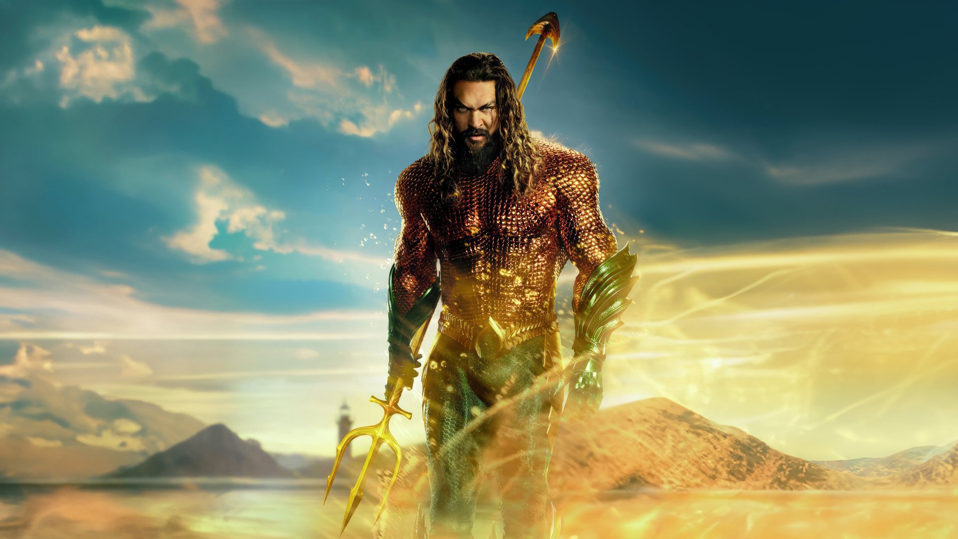 HD wallpaper of Jason Momoa as Aquaman in Aquaman and The Lost Kingdom, poised heroically against a dramatic sky.