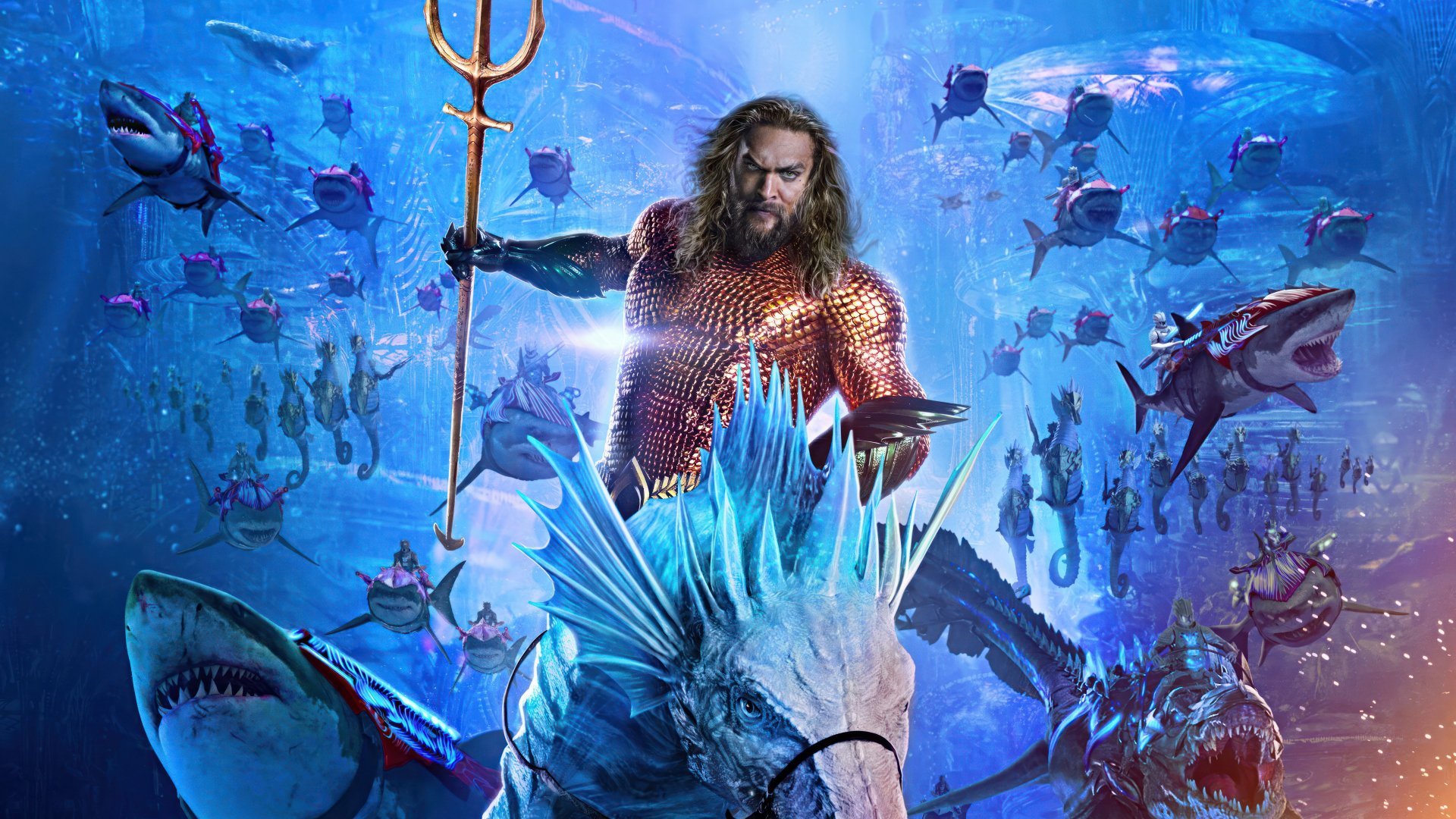 HD wallpaper of Aquaman from Aquaman and The Lost Kingdom movie featuring the hero with trident among underwater creatures.