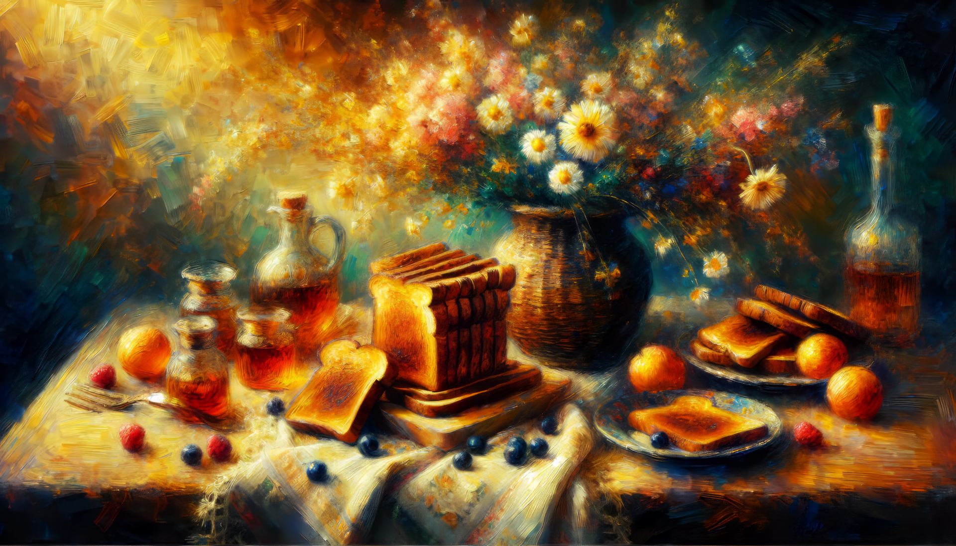 A beautifully styled HD wallpaper featuring a rustic table set with toast, fruits, and flowers, creating a warm and inviting atmosphere.