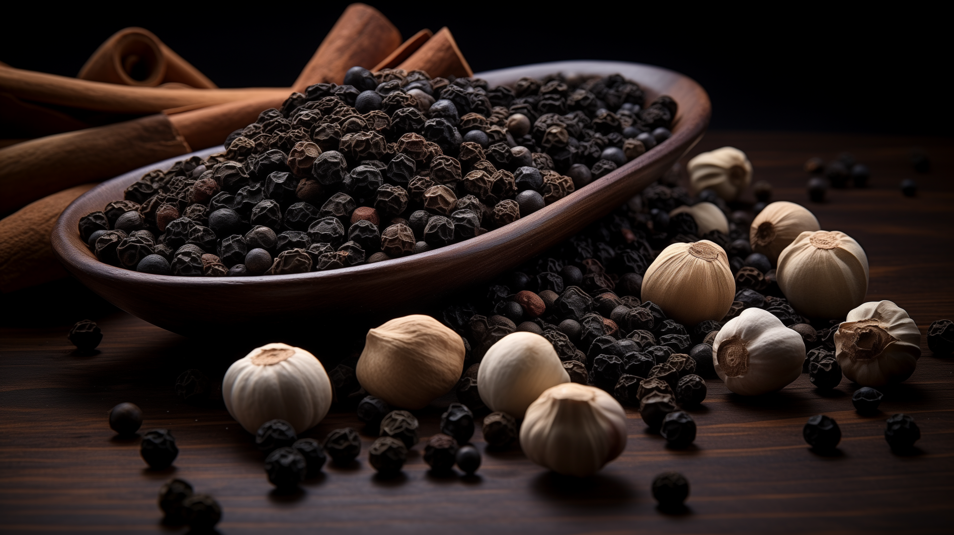 A rich, HD wallpaper showcasing a wooden bowl filled with black pepper, surrounded by garlic and cinnamon sticks, highlighting the beauty of these culinary spices.