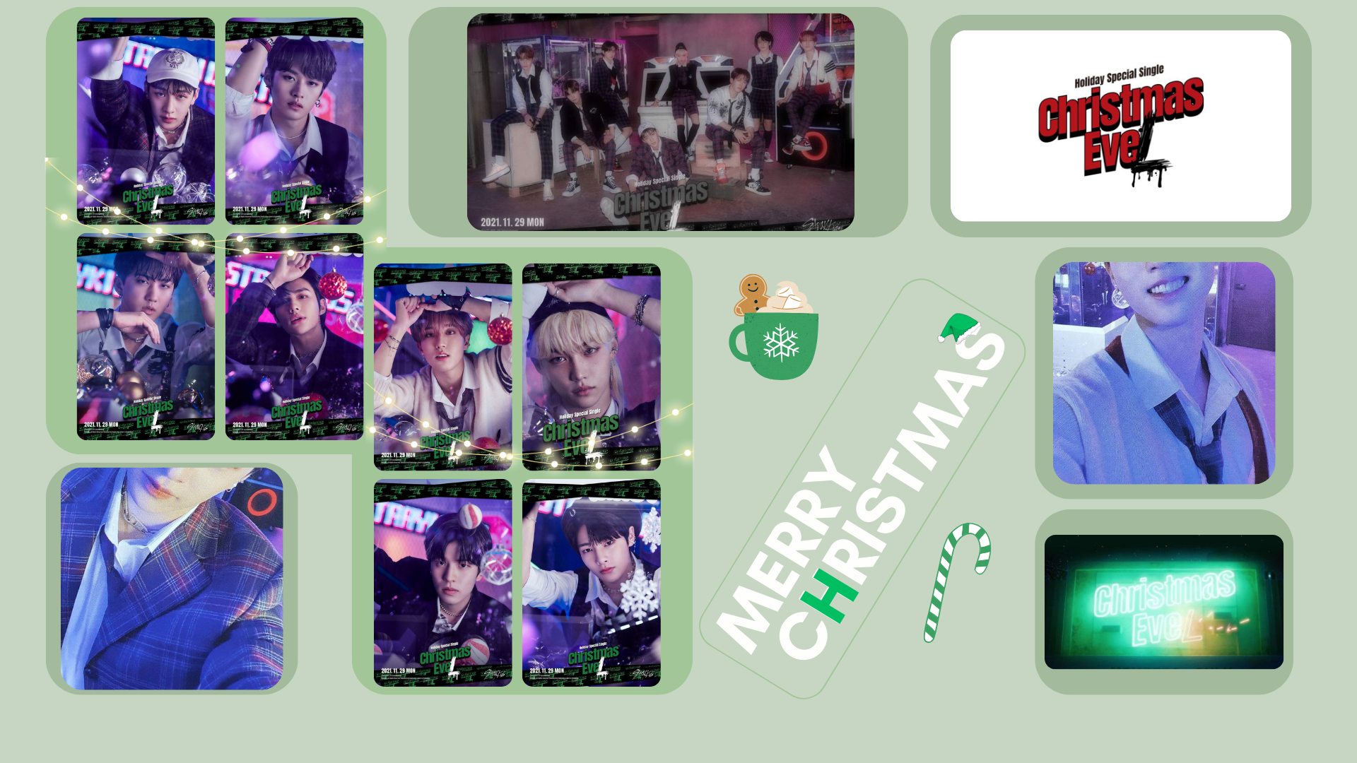 HD PC desktop wallpaper featuring Stray Kids members and music-themed visuals arranged in a festive Christmas layout.
