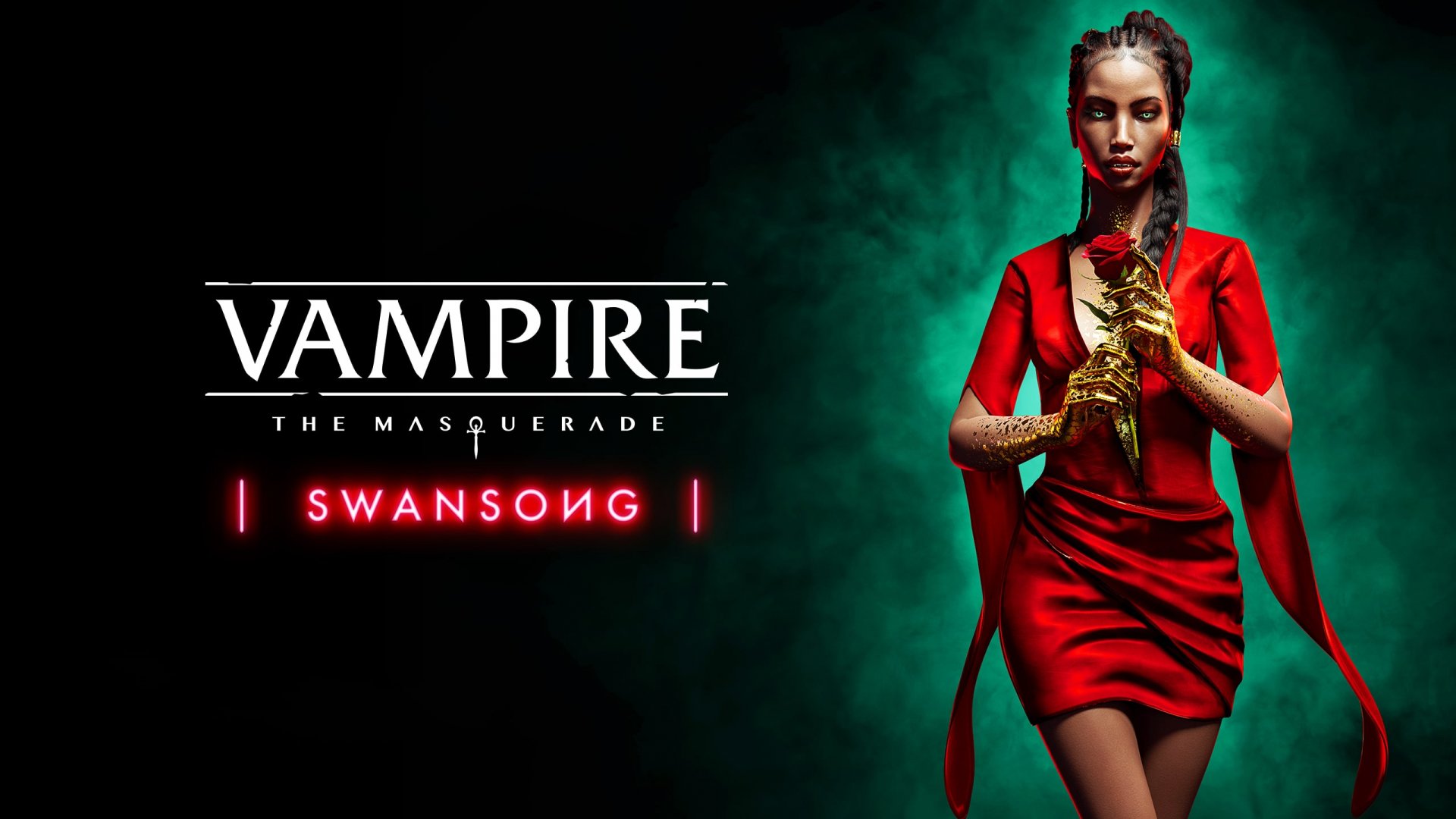 HD desktop wallpaper for Vampire: The Masquerade - Swansong featuring a woman in a striking red dress holding a golden snake, set against a dark green background.