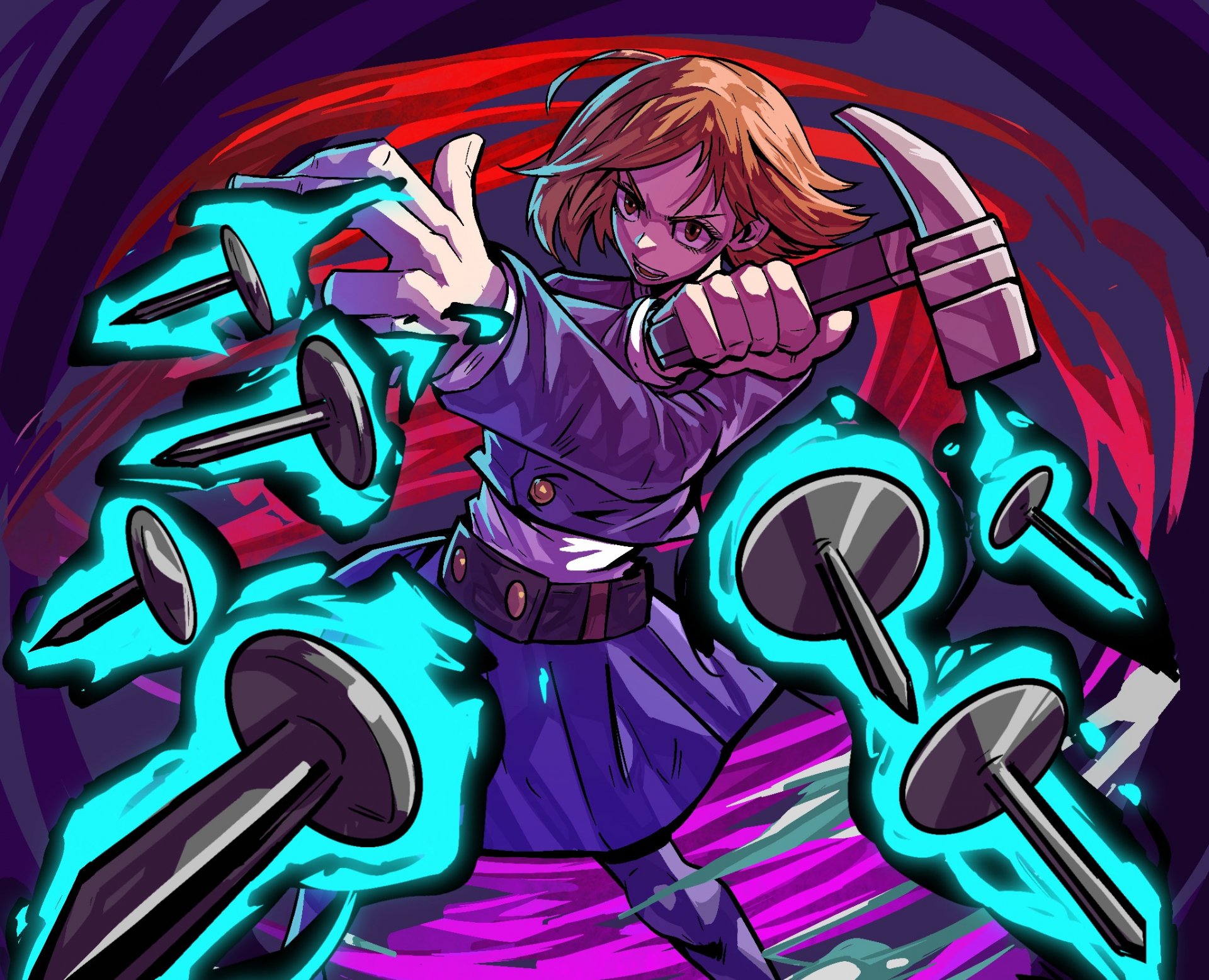 HD PC desktop wallpaper featuring Nobara Kugisaki from the anime Jujutsu Kaisen, showcasing her dynamic pose with glowing nails and a hammer in vibrant colors.