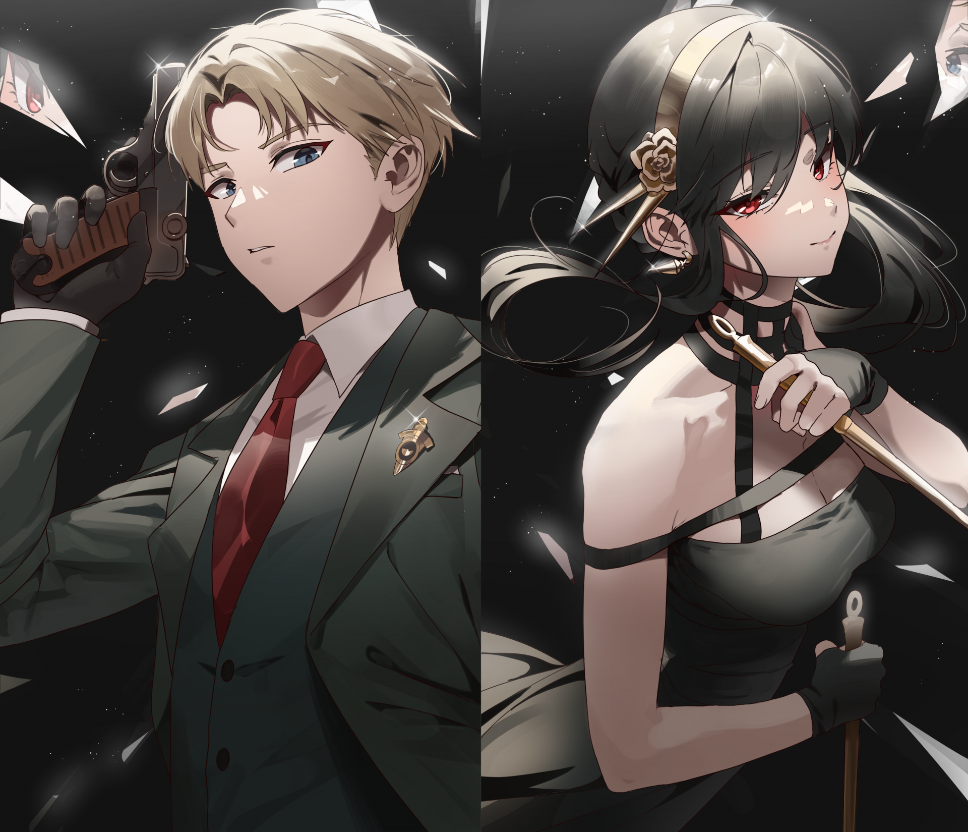 HD anime desktop wallpaper featuring Loid Forger and Yor Forger from Spy x Family, showcasing their distinct looks and intense expressions.