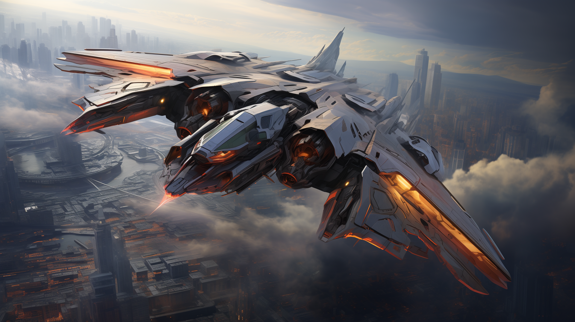 Futuristic jet aircraft soaring above the clouds with a modern cityscape in the background, in HD for desktop wallpaper use.