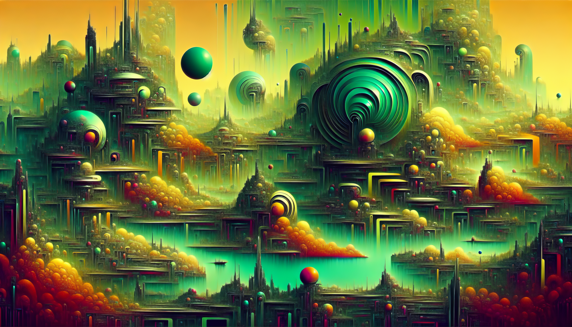 HD wallpaper featuring a vibrant futuristic city with floating spheres and surreal architecture set against a teal sky.