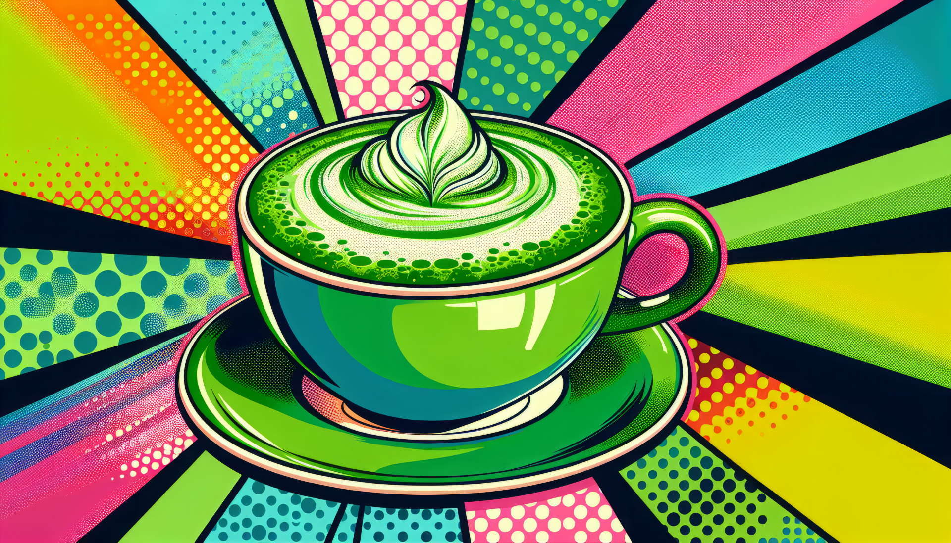 Vibrant HD wallpaper featuring an illustrated green tea latte with a perfect frothy art on top, set against a colorful pop art background.