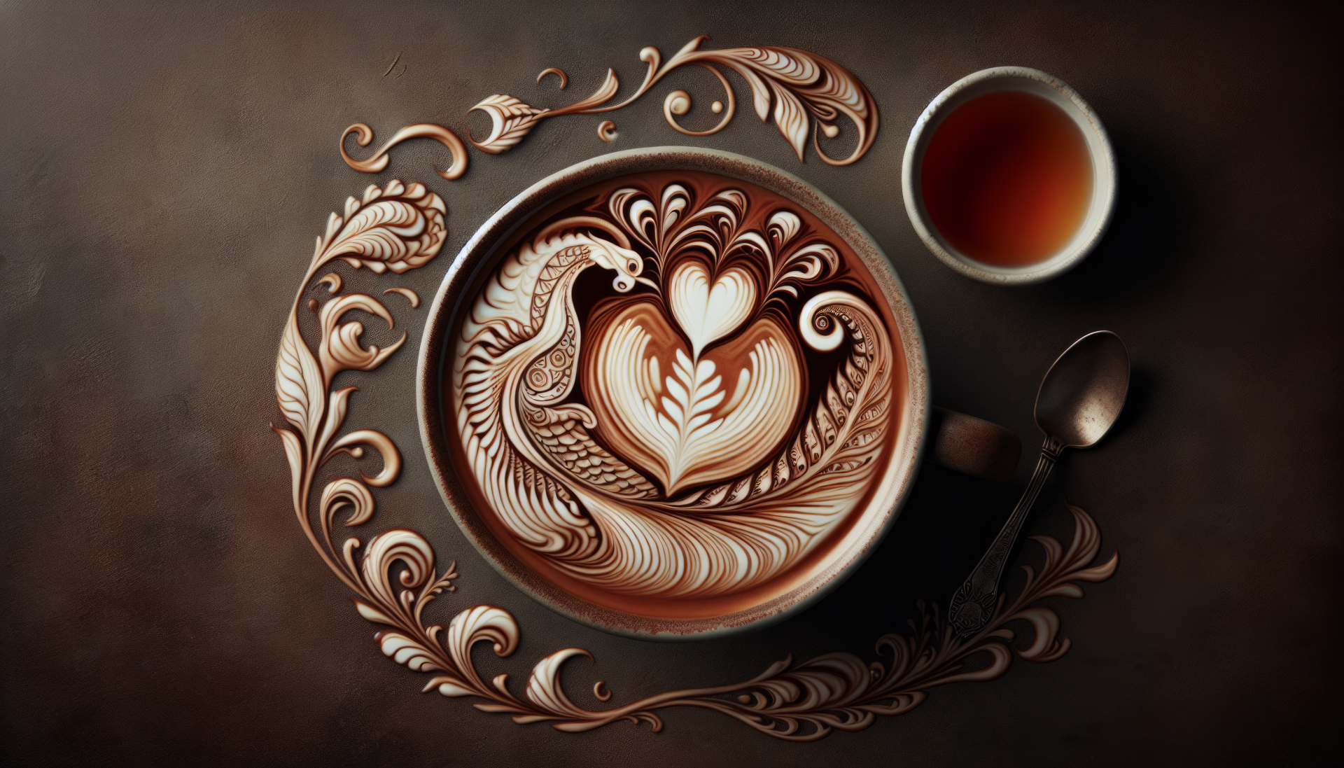 Artistic HD desktop wallpaper featuring an intricately designed latte art in a ceramic cup with a spoon on the side and a cup of black tea, set against a dark background with ornamental patterns.