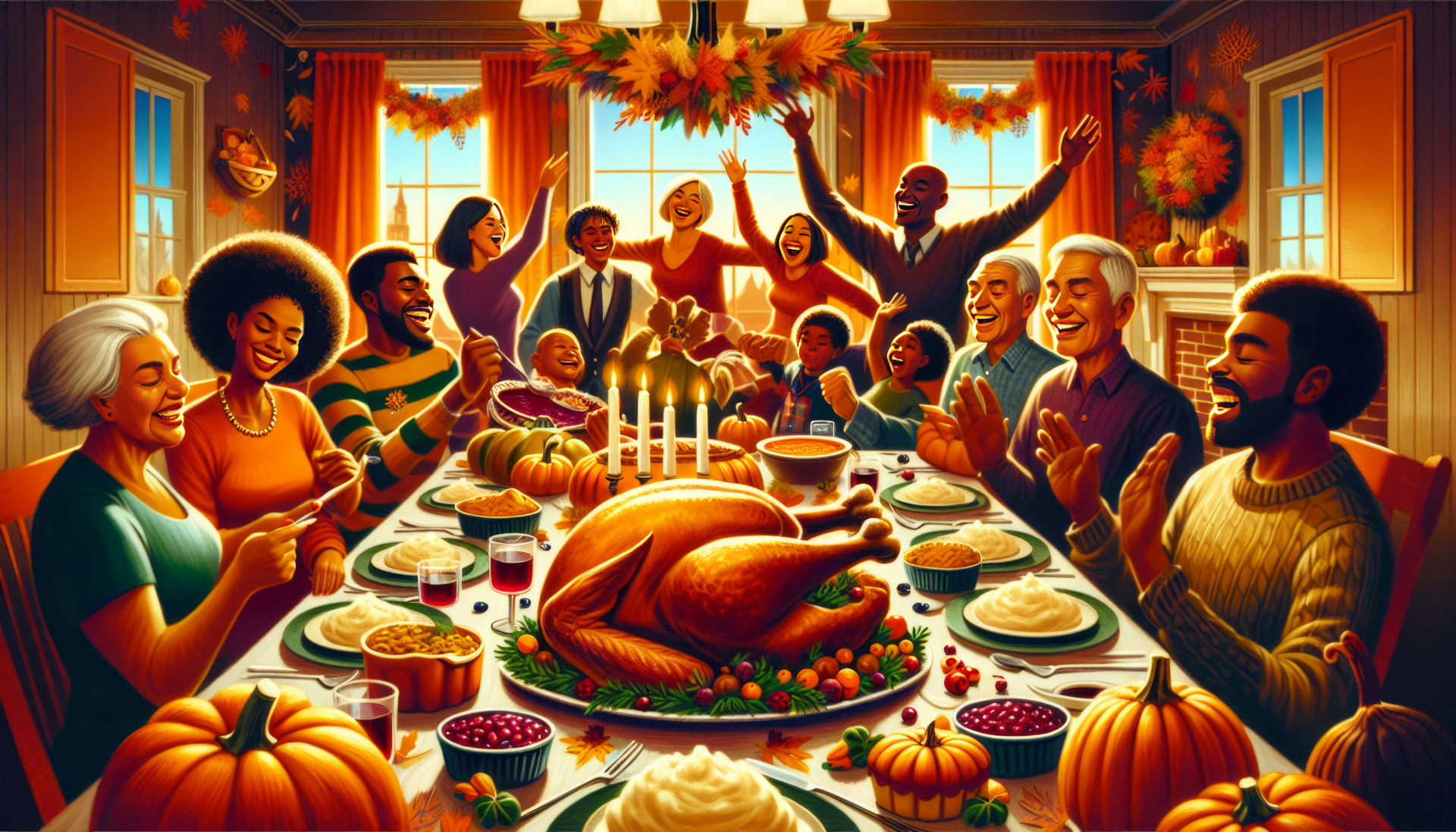 HD wallpaper of a joyful Thanksgiving dinner with family and friends gathered around a table with roasted turkey and autumn decorations.