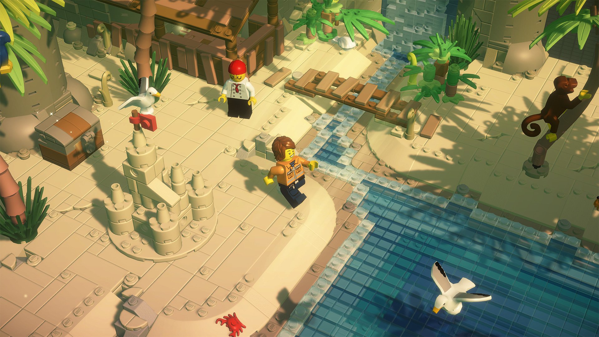 HD desktop wallpaper of LEGO Bricktales game featuring a LEGO character on a sandy beach with tropical flora, a wooden bridge, and a seagull flying over water.