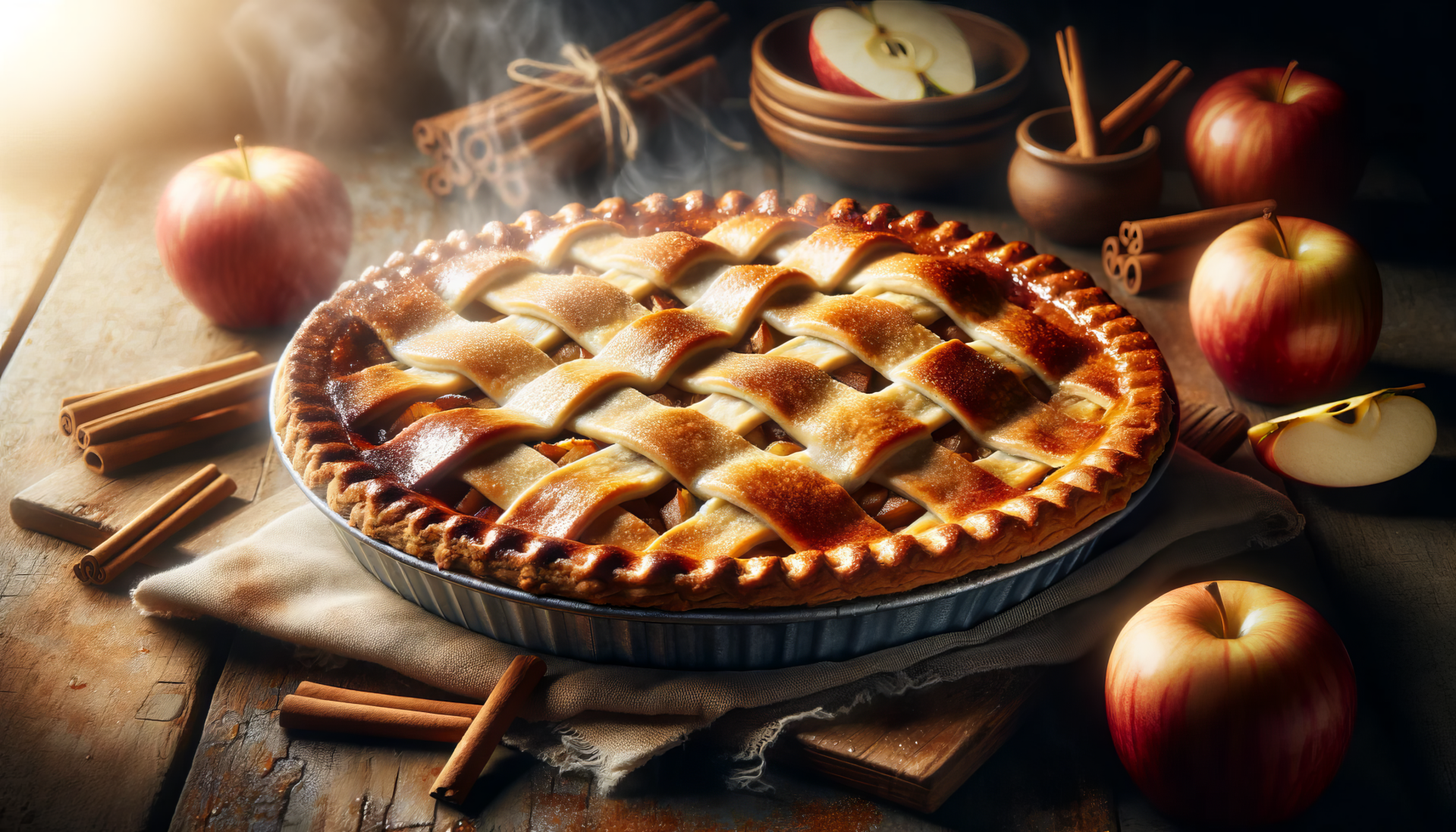A freshly baked apple pie with a golden lattice crust sits on a wooden table, surrounded by cinnamon sticks and fresh apples, creating a warm and inviting HD desktop wallpaper.