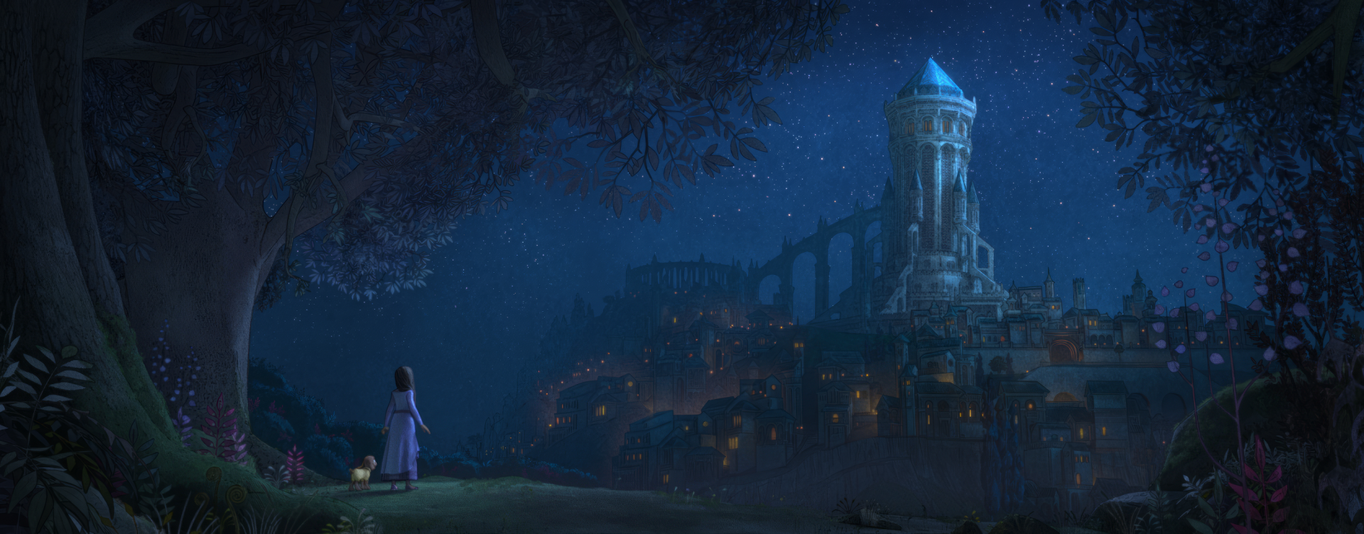 HD wallpaper of a magical animated scene from the 2023 movie Wish, featuring a character looking at a twinkling fairy-tale castle at night.