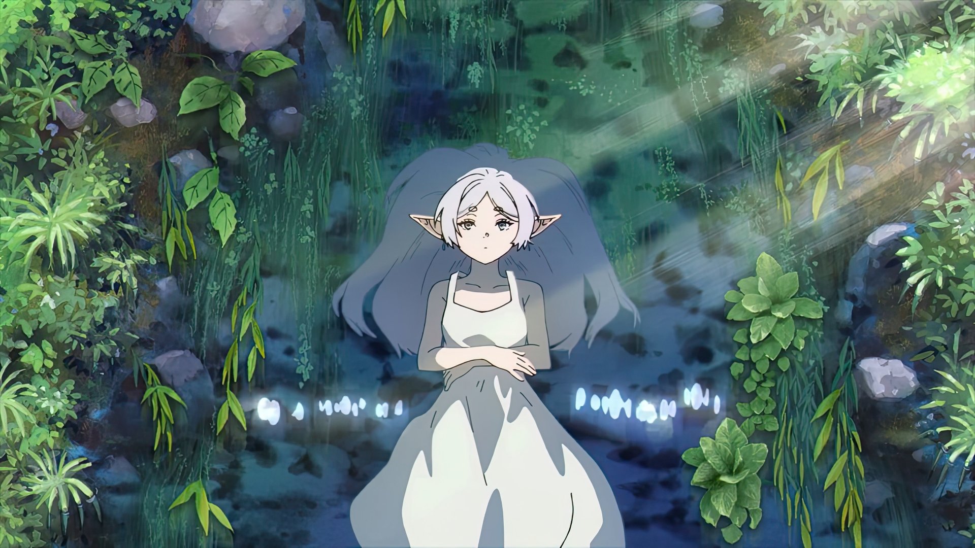 A serene 4K Ultra HD anime wallpaper from Frieren: Beyond Journey's End, featuring Frieren resting peacefully in a lush, green forest with soft sunlight filtering through.