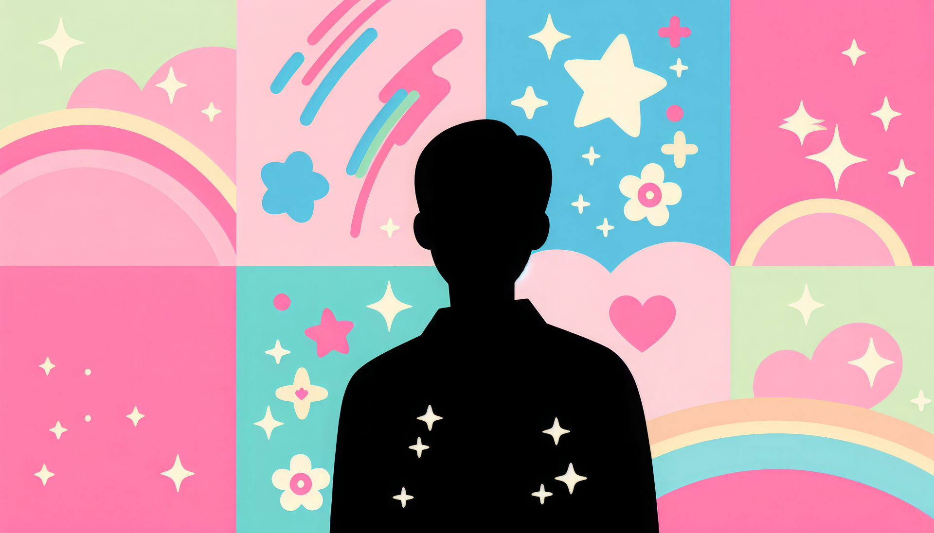 Silhouette of a person set against a colorful kawaii-themed HD desktop wallpaper with pastel patterns, rainbows, stars, and hearts.