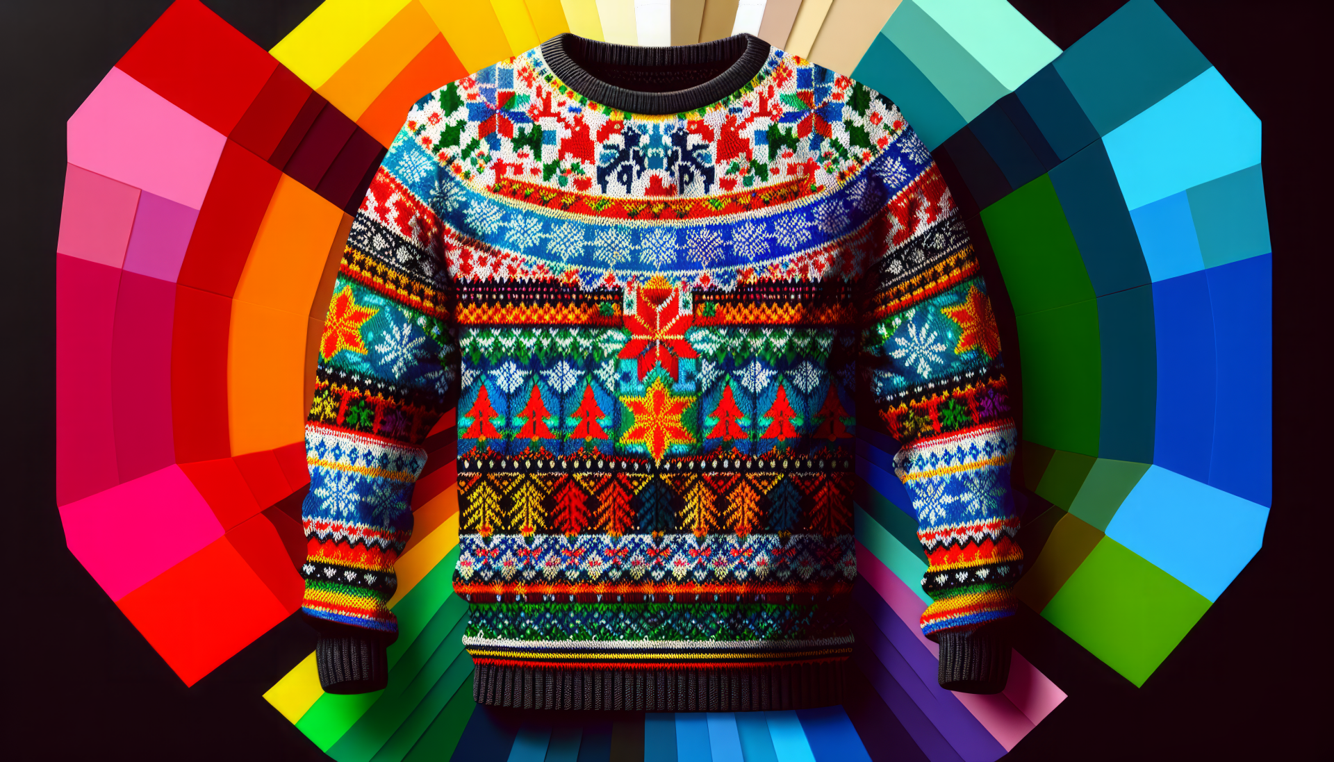 Colorful ugly sweater on a vibrant geometric pattern background - HD desktop wallpaper.