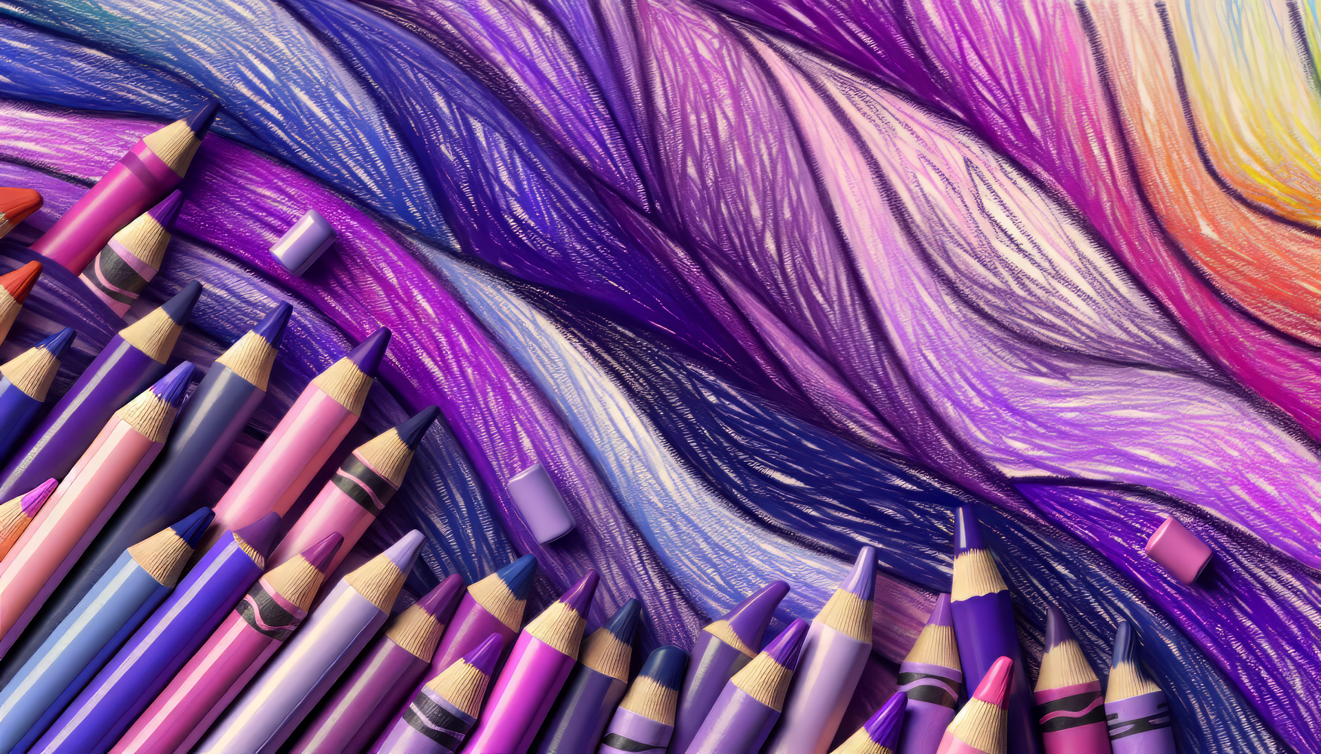 A vibrant purple aesthetic desktop wallpaper featuring an array of purple and pink crayons against a textured, swirling background of rich purples and soft pastels.