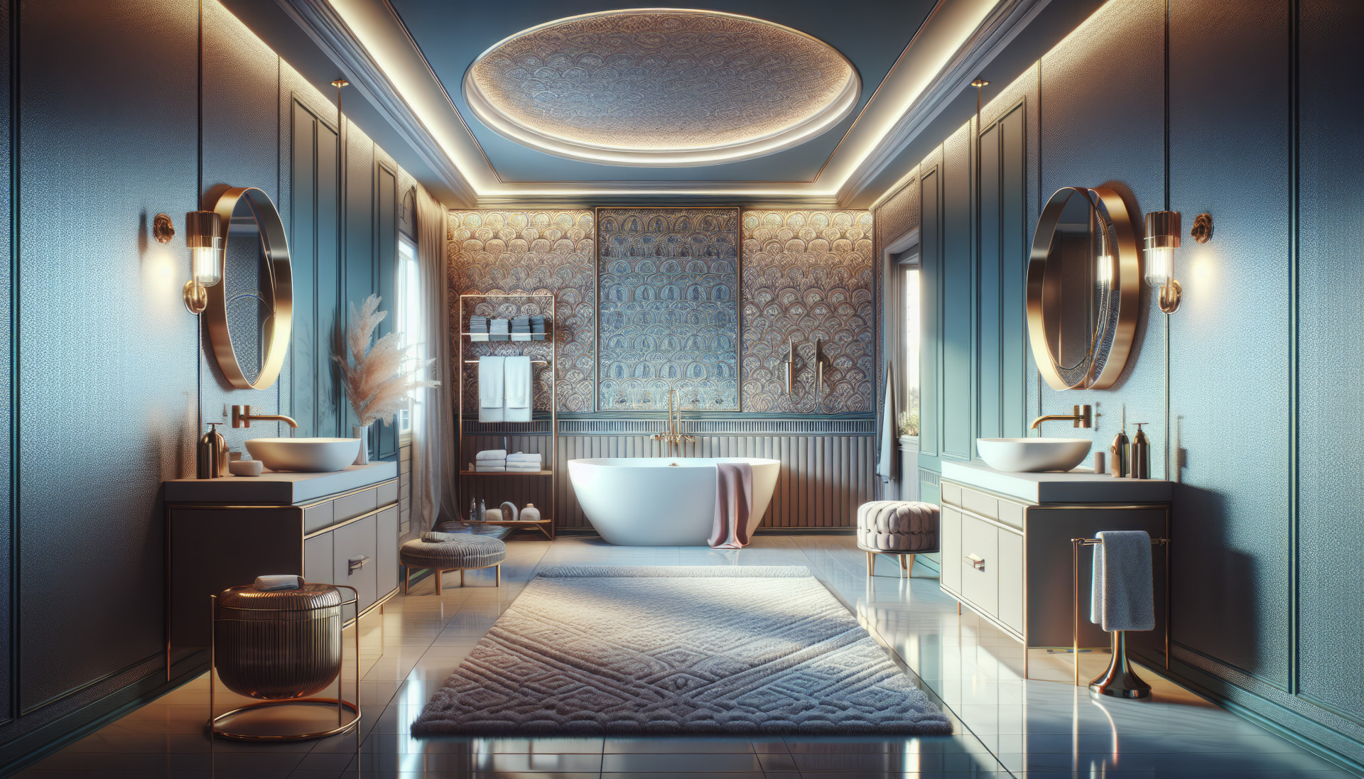 Elegant modern bathroom interior design with dual vanities and freestanding tub, HD wallpaper.