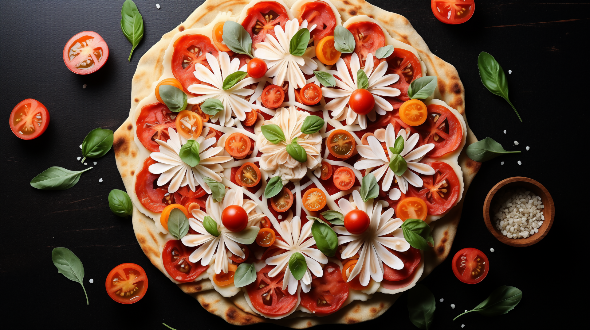 HD wallpaper of fresh margherita pizza with ripe tomatoes and basil for desktop background.