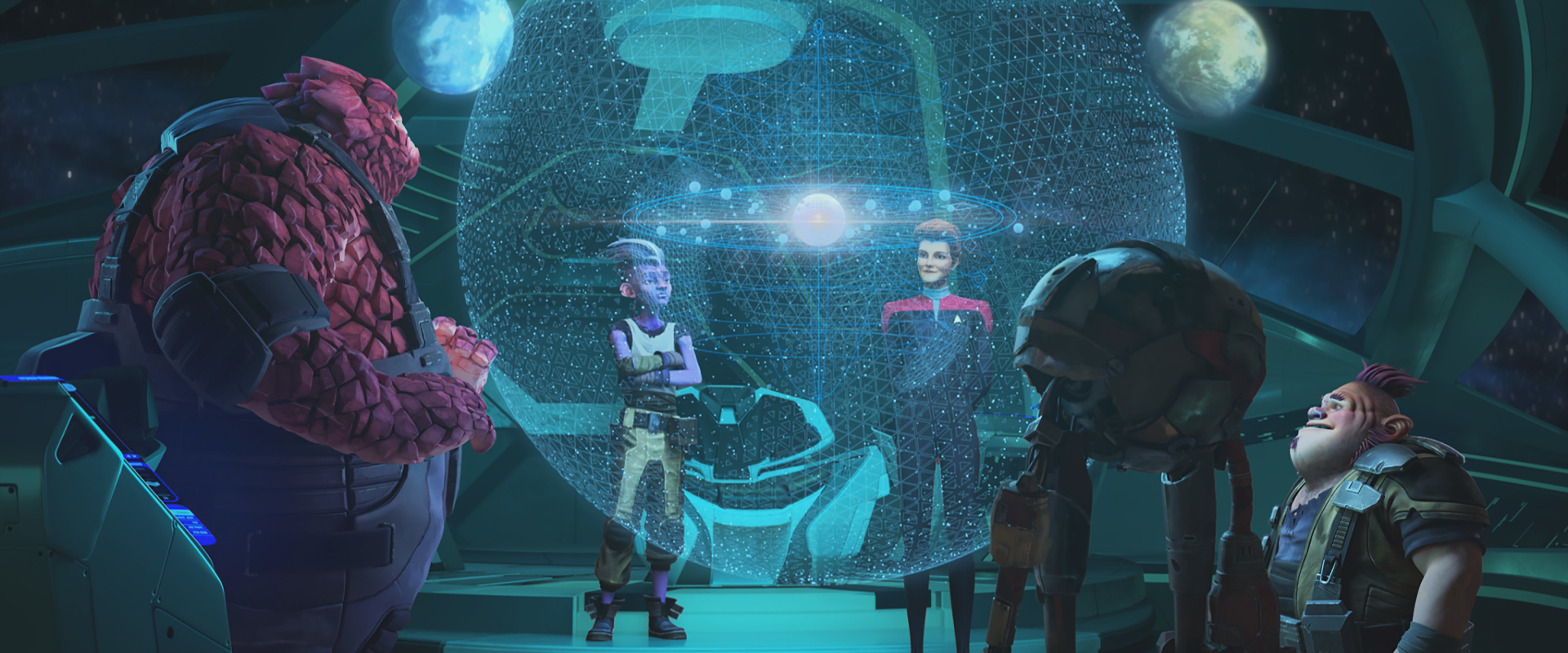 A vibrant HD wallpaper from *Star Trek: Prodigy*, featuring animated characters gathered around a holographic display, exploring the mysteries of space and technology.