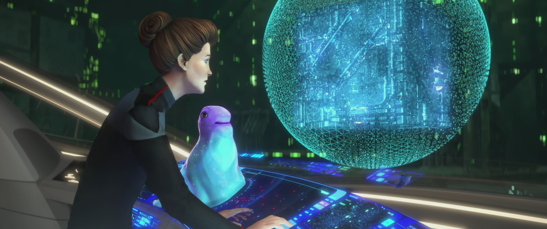 An animated scene from Star Trek: Prodigy, featuring a character interacting with a holographic display alongside a whimsical creature, set against a vibrant sci-fi backdrop.