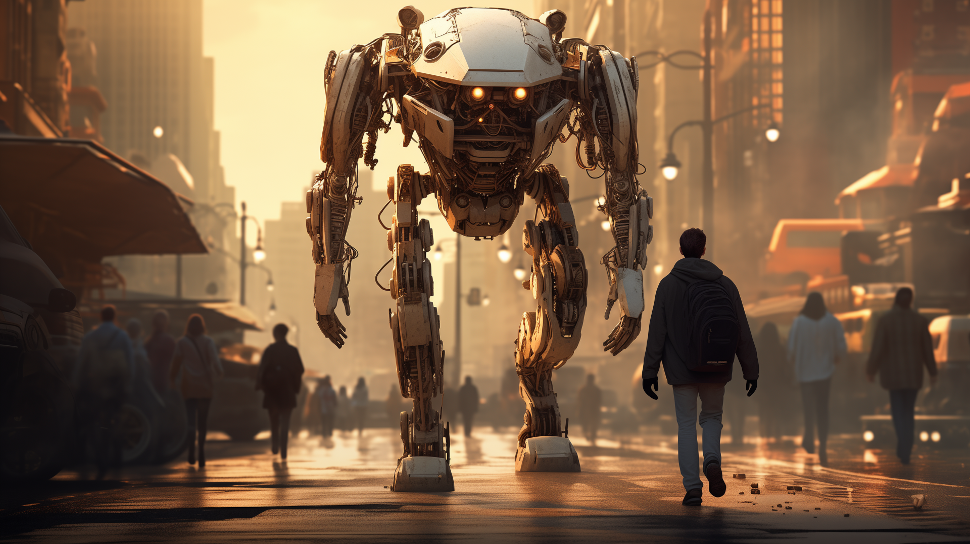 A striking HD wallpaper featuring a towering mecha robot in an urban setting, with a figure walking towards it amidst bustling city life. Captivating and futuristic atmosphere.