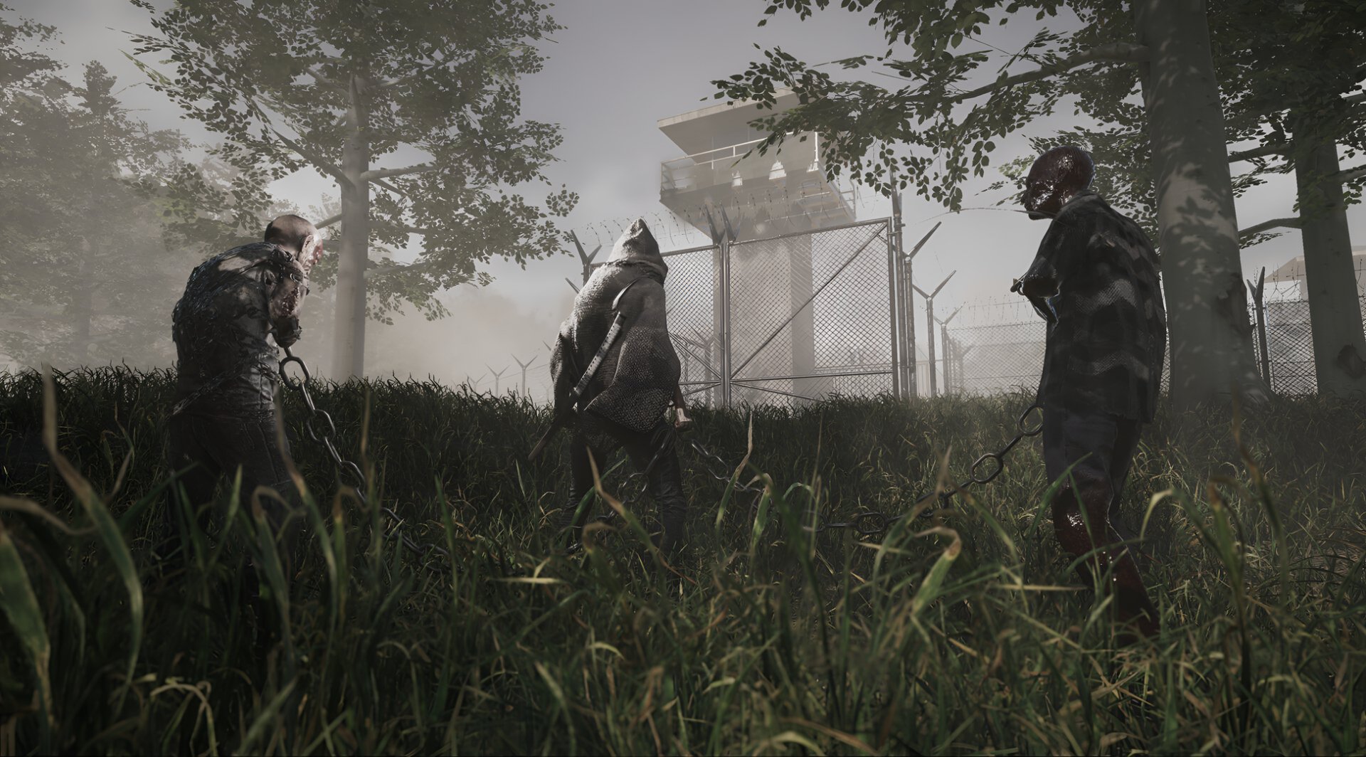 HD wallpaper from The Walking Dead: Destinies, featuring ominous characters in a misty landscape, with a distant security tower surrounded by tall grass and trees.