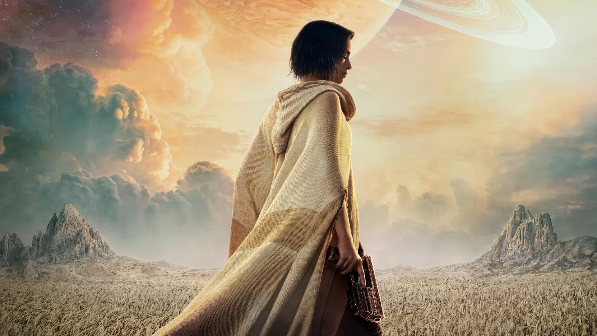 HD desktop wallpaper featuring a character looking towards a dramatic sky on an alien planet, inspired by the movie 'Rebel Moon'.