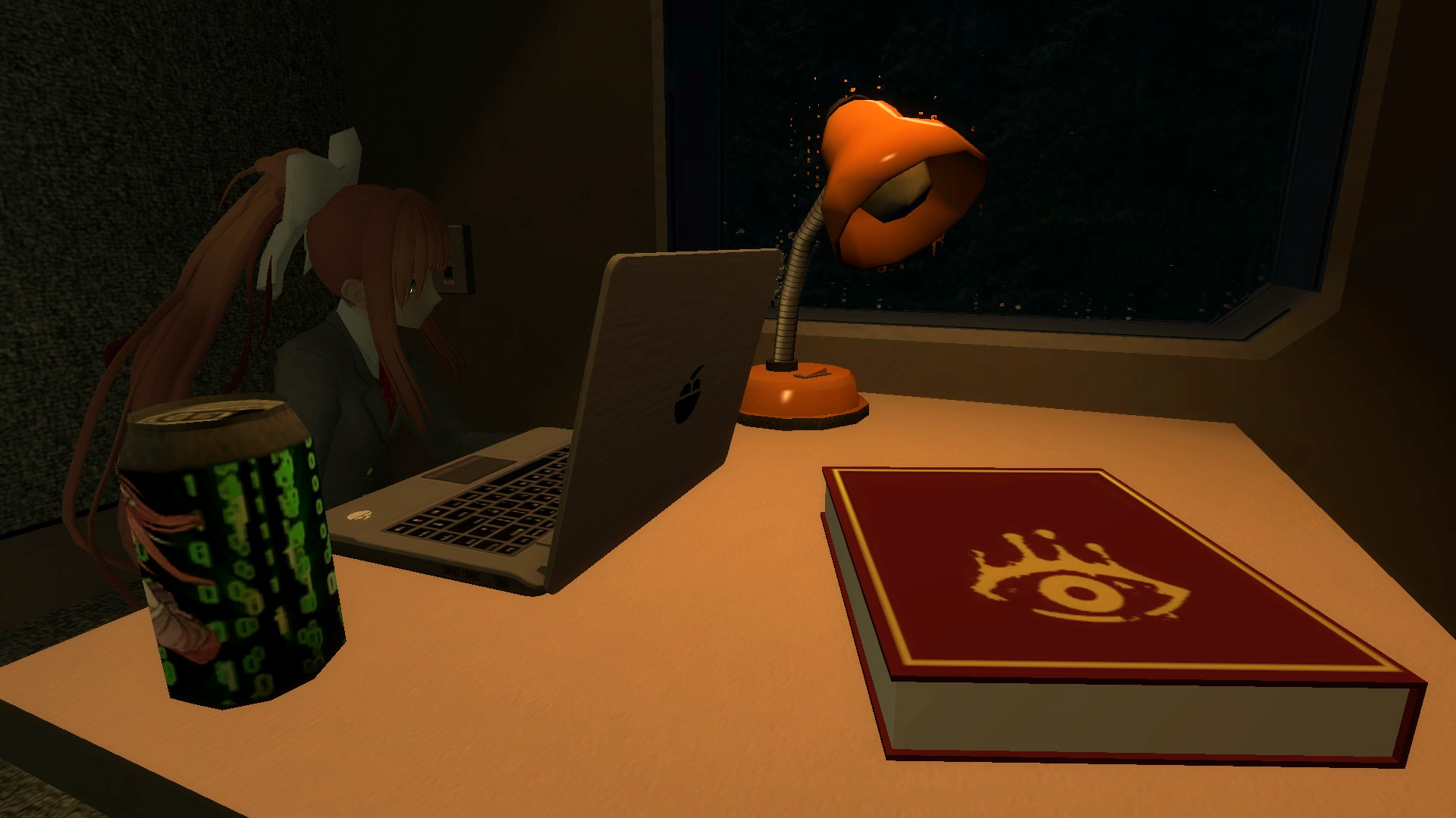 4K Ultra HD Garry's Mod desktop wallpaper featuring a dimly lit desk with a laptop, an orange lamp, a book with an eye symbol, and a can, inspired by Monika from Doki Doki Literature Club!