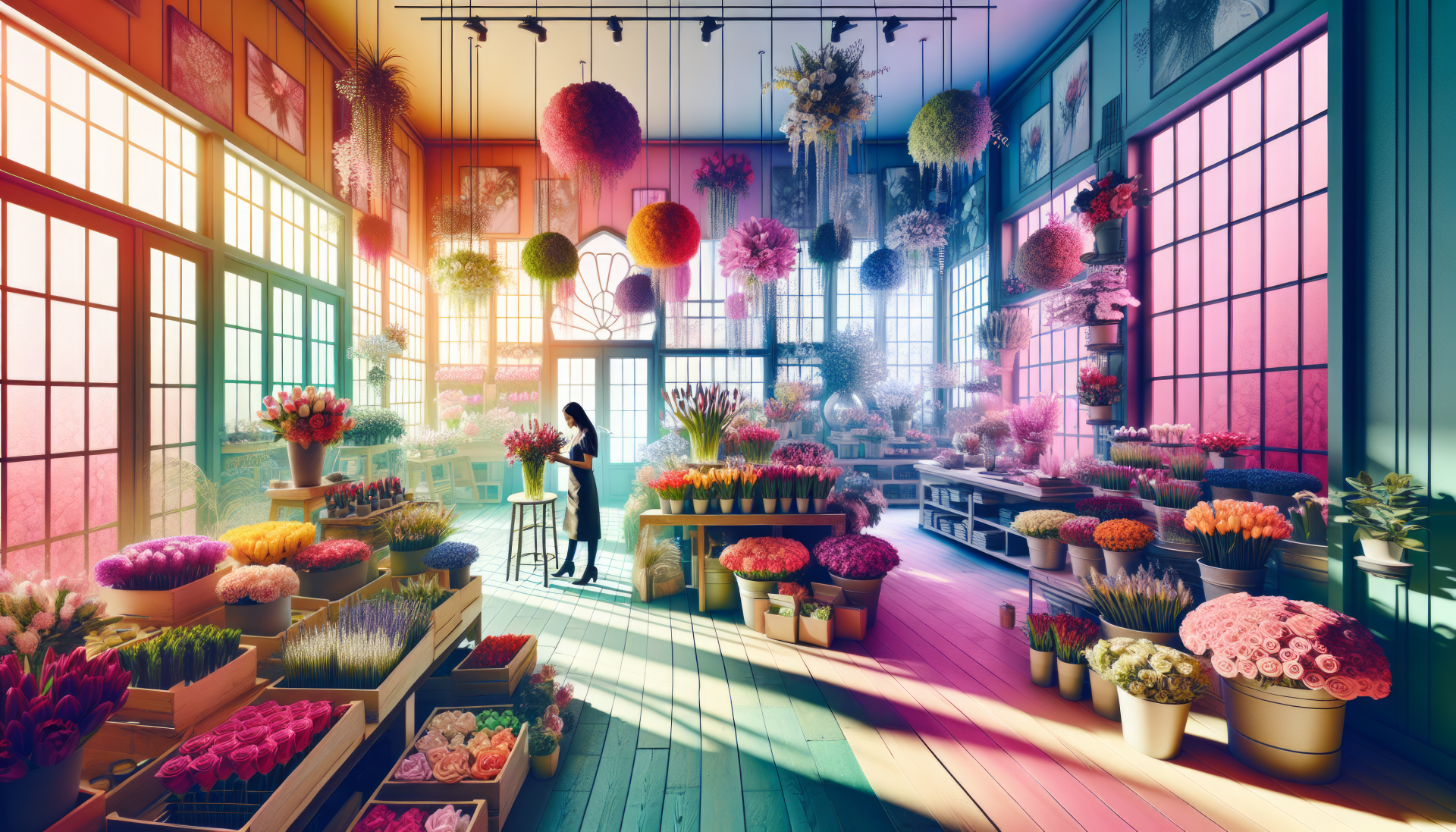Colorful HD desktop wallpaper featuring a vibrant flower shop interior with a person arranging flowers, surrounded by an array of fresh blooms and decorative plants.