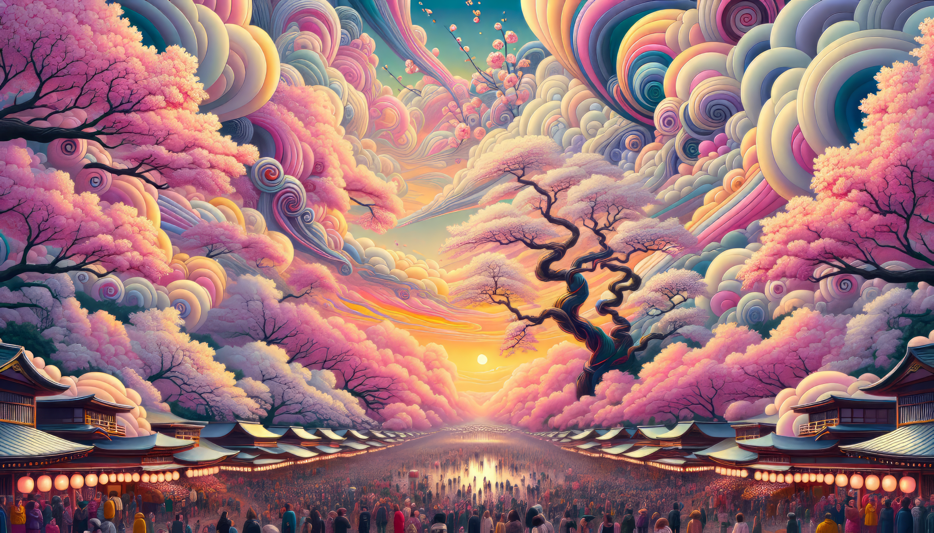 HD desktop wallpaper of a vibrant cherry blossom festival with blossoming trees and colorful sky.