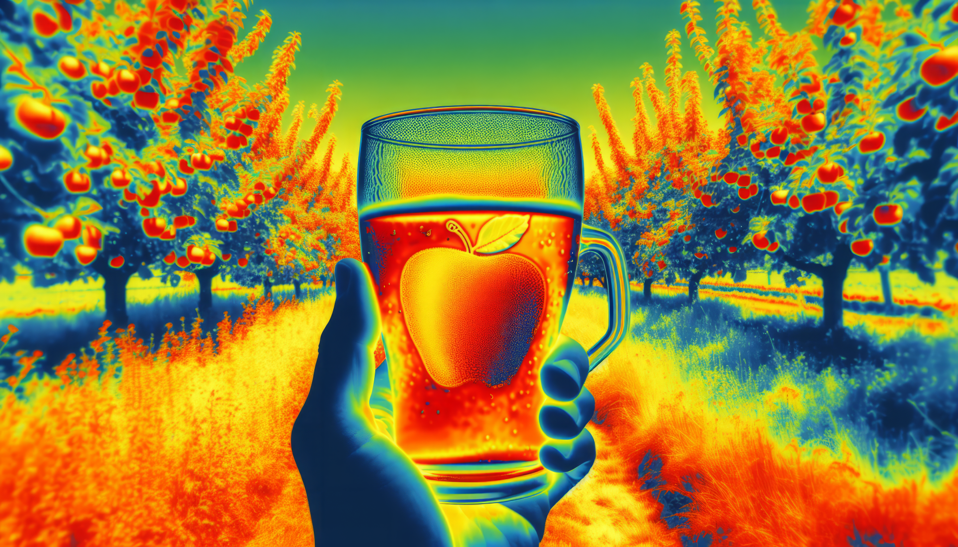 HD wallpaper of a vibrant thermal-imaging view of a hand holding a glass of cider with apple trees in the background.