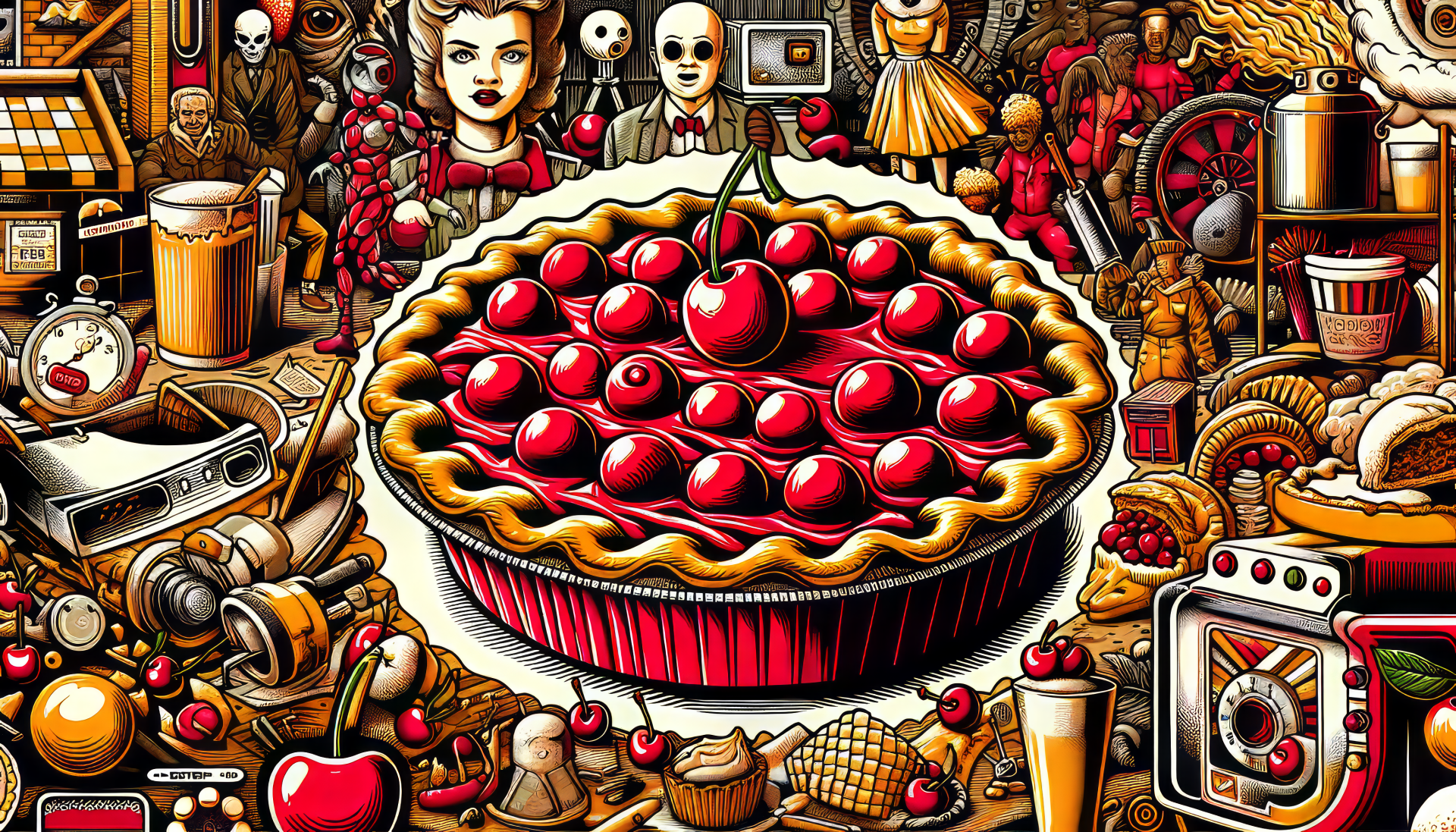HD desktop wallpaper featuring a vibrant cherry pie surrounded by an eclectic mix of whimsical and surreal objects.