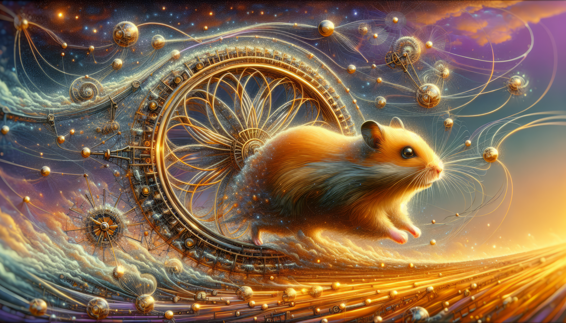 HD desktop wallpaper featuring a whimsical hamster within a cosmic, gear-filled dreamscape.