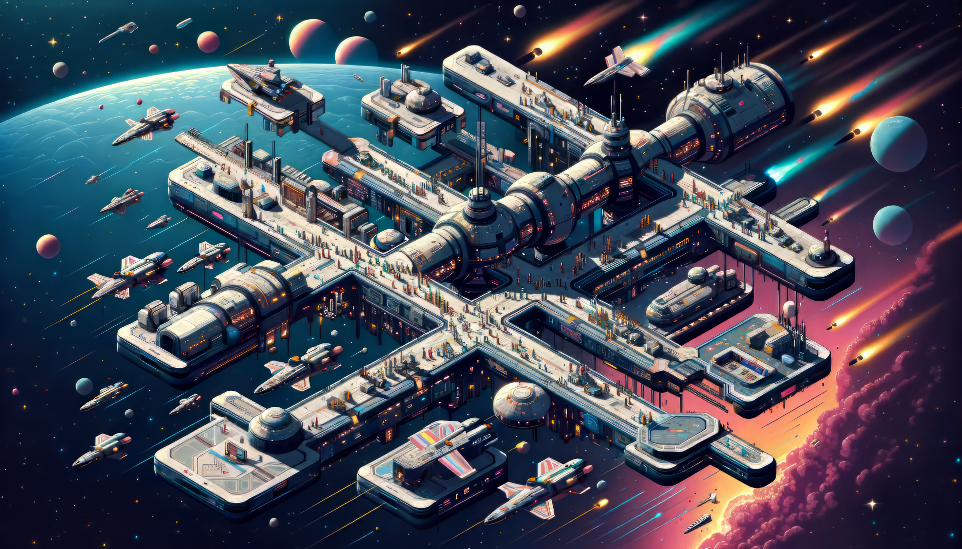 HD desktop wallpaper featuring an artistically imagined space station with spacecrafts orbiting in a vibrant cosmic setting, tagged with space travel.
