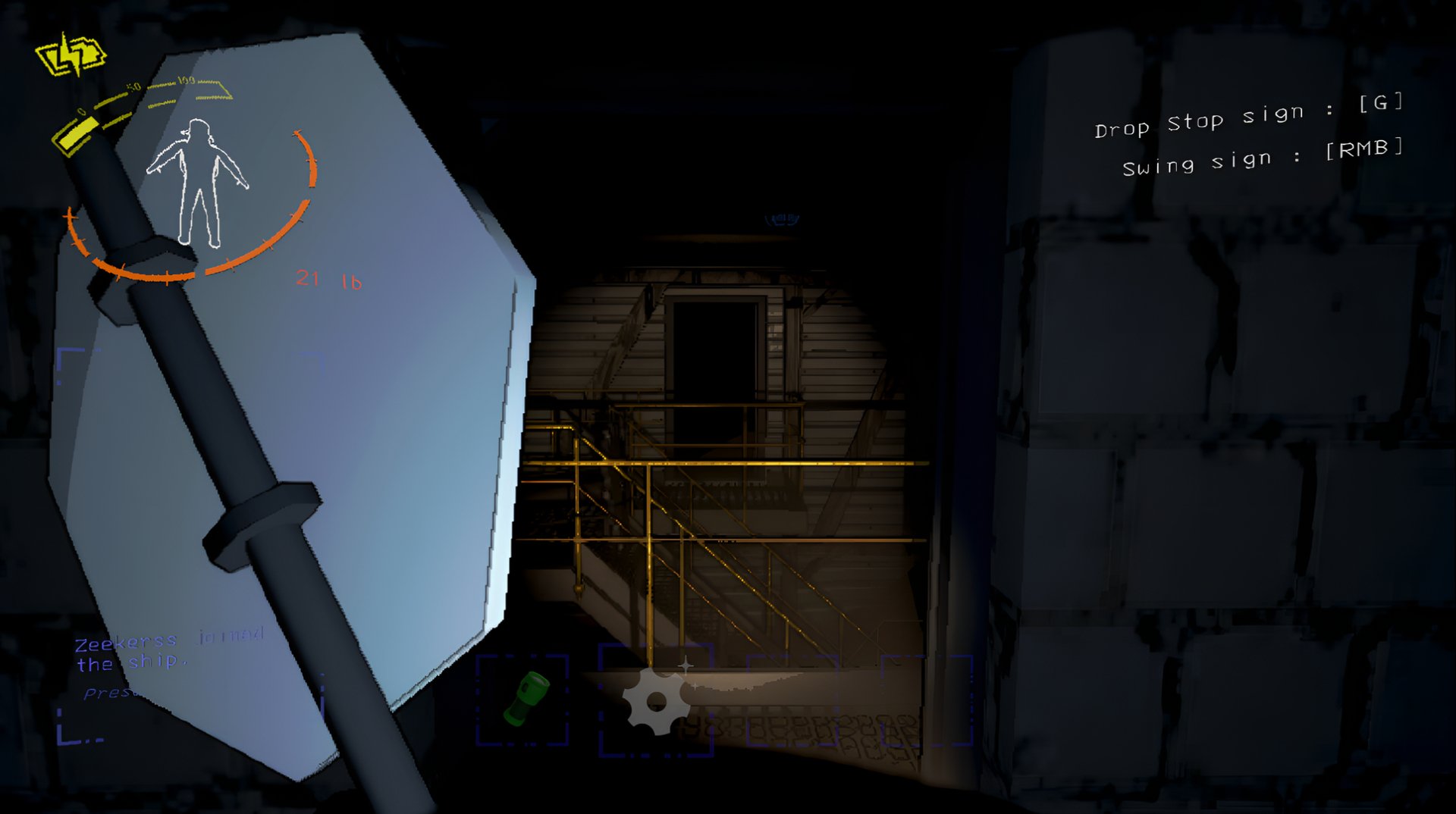 HD wallpaper featuring a scene from the video game Lethal Company, showcasing a first-person perspective with interactive HUD elements and a dark, industrial environment.