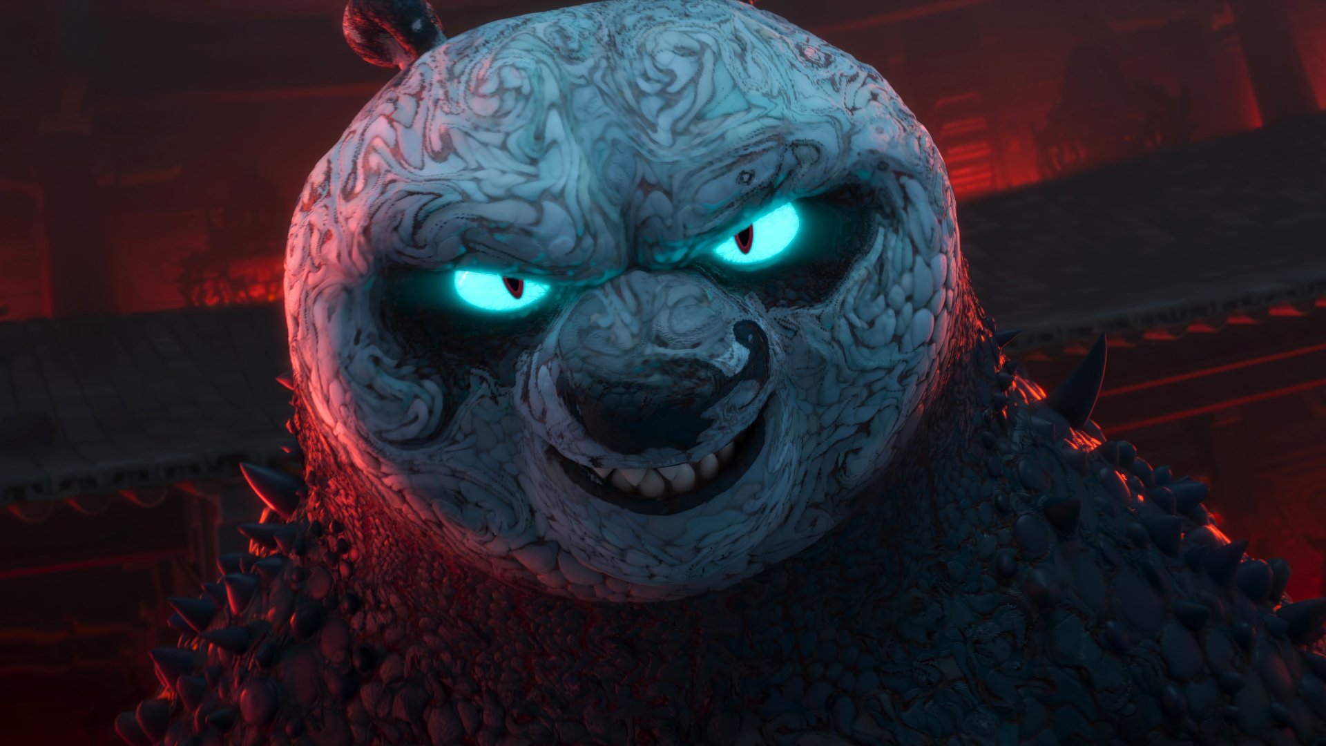 HD desktop wallpaper featuring a character from Kung Fu Panda 4 movie with a menacing expression and glowing blue eyes.